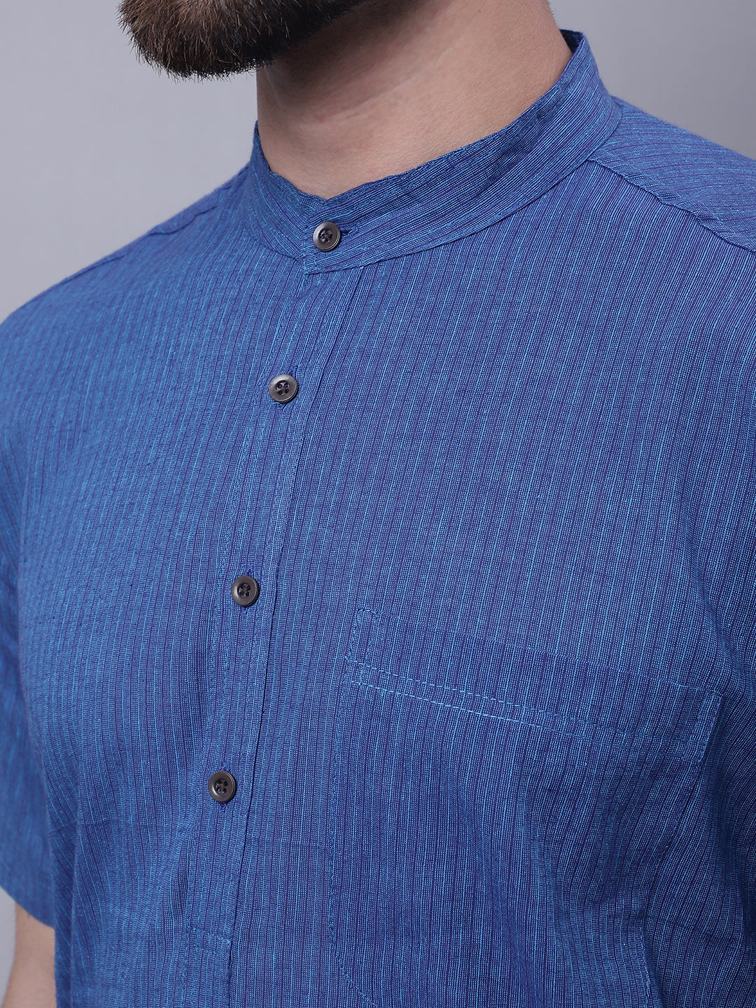 Even Apparels Blue Pure Cotton Short Sleeves Kurta With Band Collar