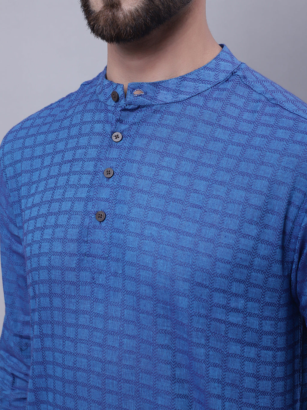 Even Apparels Blue Pure Cotton Short Kurta With Band Collar
