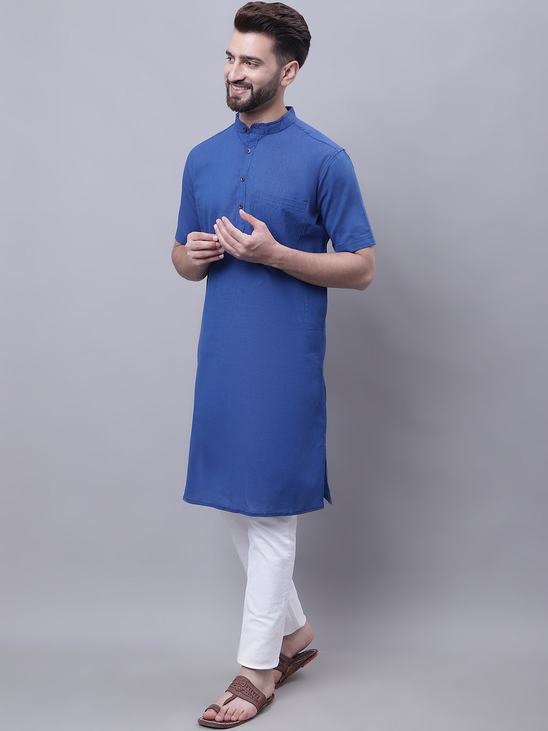 Even Apparels Blue Pure Cotton Short Sleeves Kurta With Band Collar