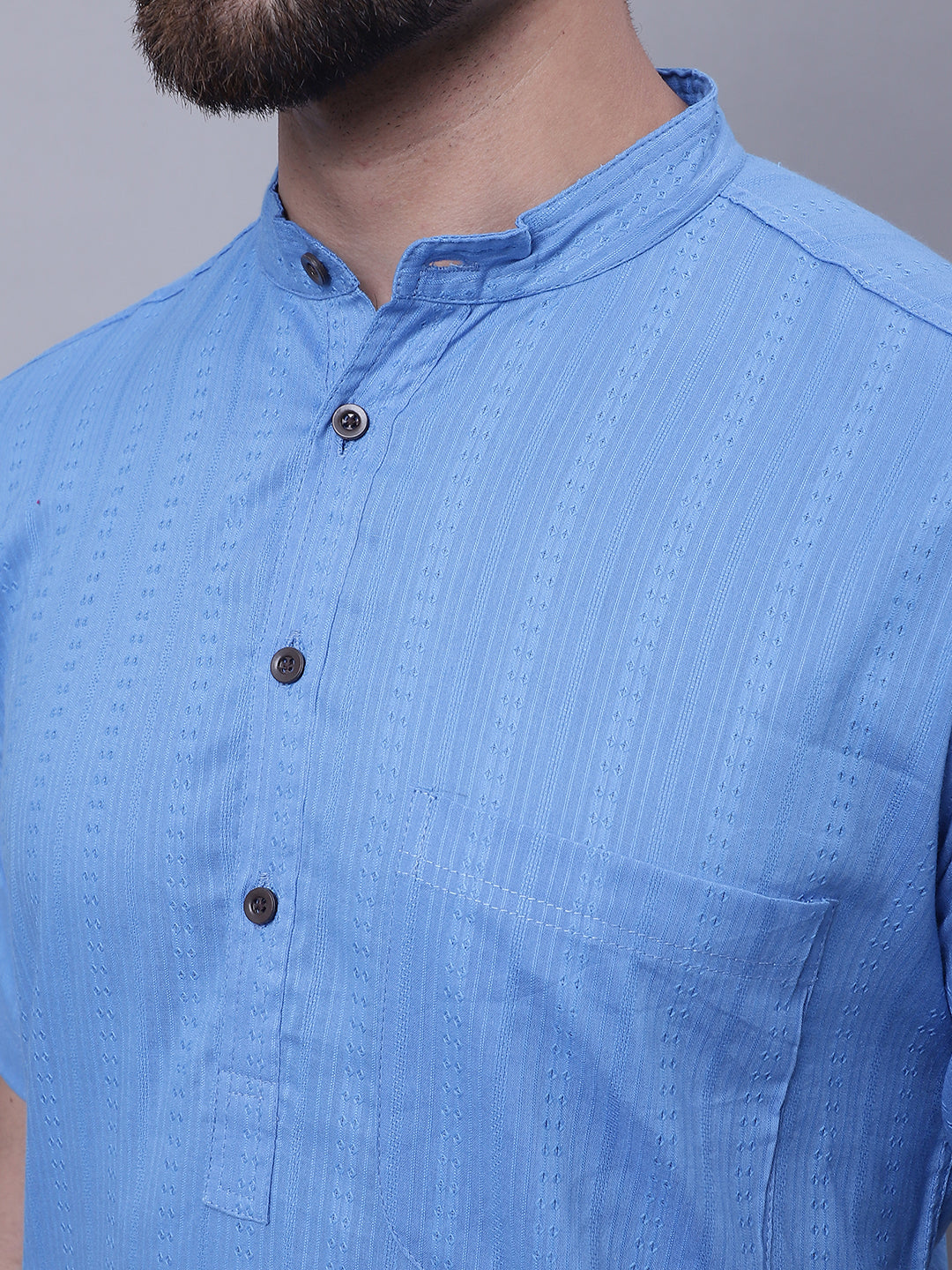 Even Apparels Blue Pure Cotton Short Sleeves Kurta With Band Collar