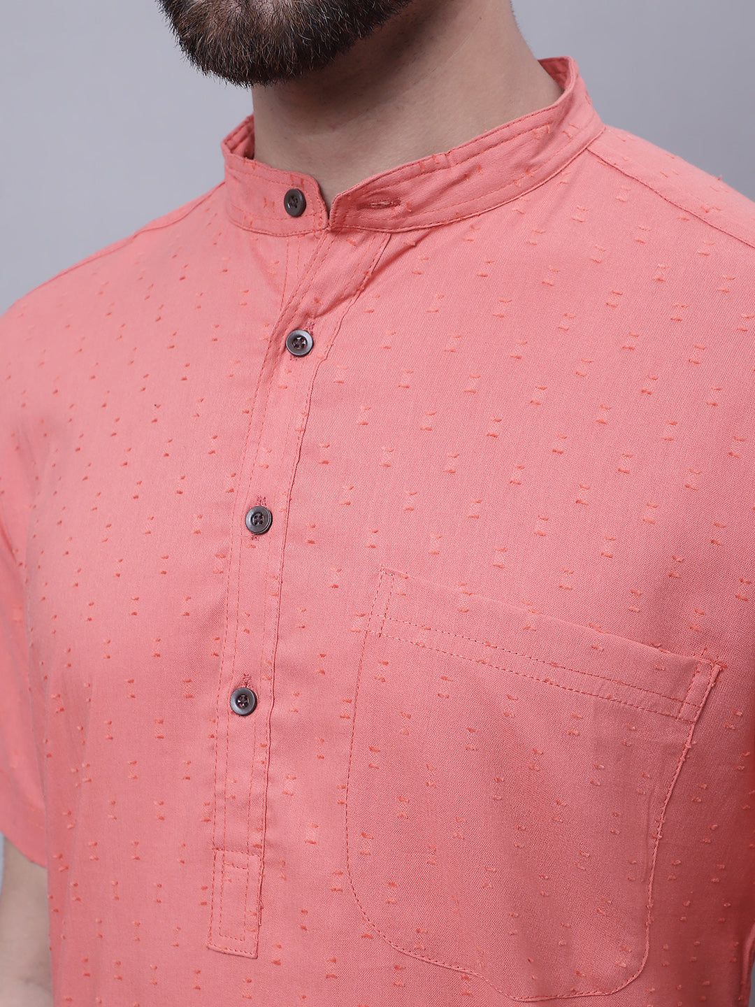 Even Apparels Peach Pure Cotton Short Sleeves Kurta With Band Collar