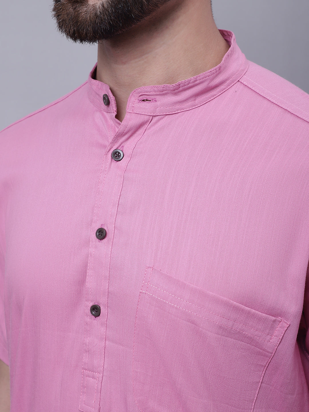 Even Apparels Pink Pure Cotton Short Sleeves Kurta With Band Collar