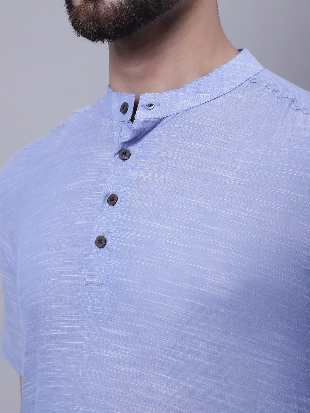 Even Apparels Blue Pure Cotton Short Kurta With Band Collar
