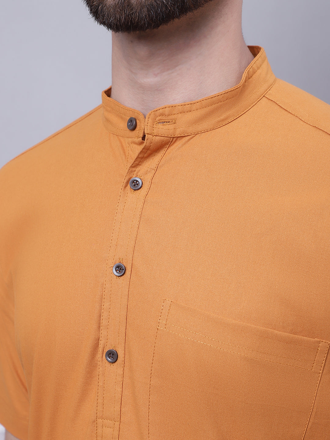 Even Apparels Yellow Pure Cotton Short Sleeves Kurta With Band Collar