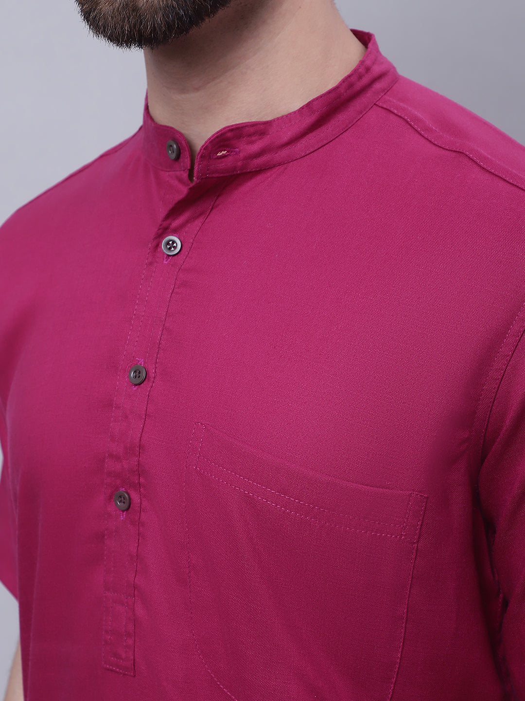 Even Apparels Maroon Pure Cotton Short Sleeves Kurta With Band Collar