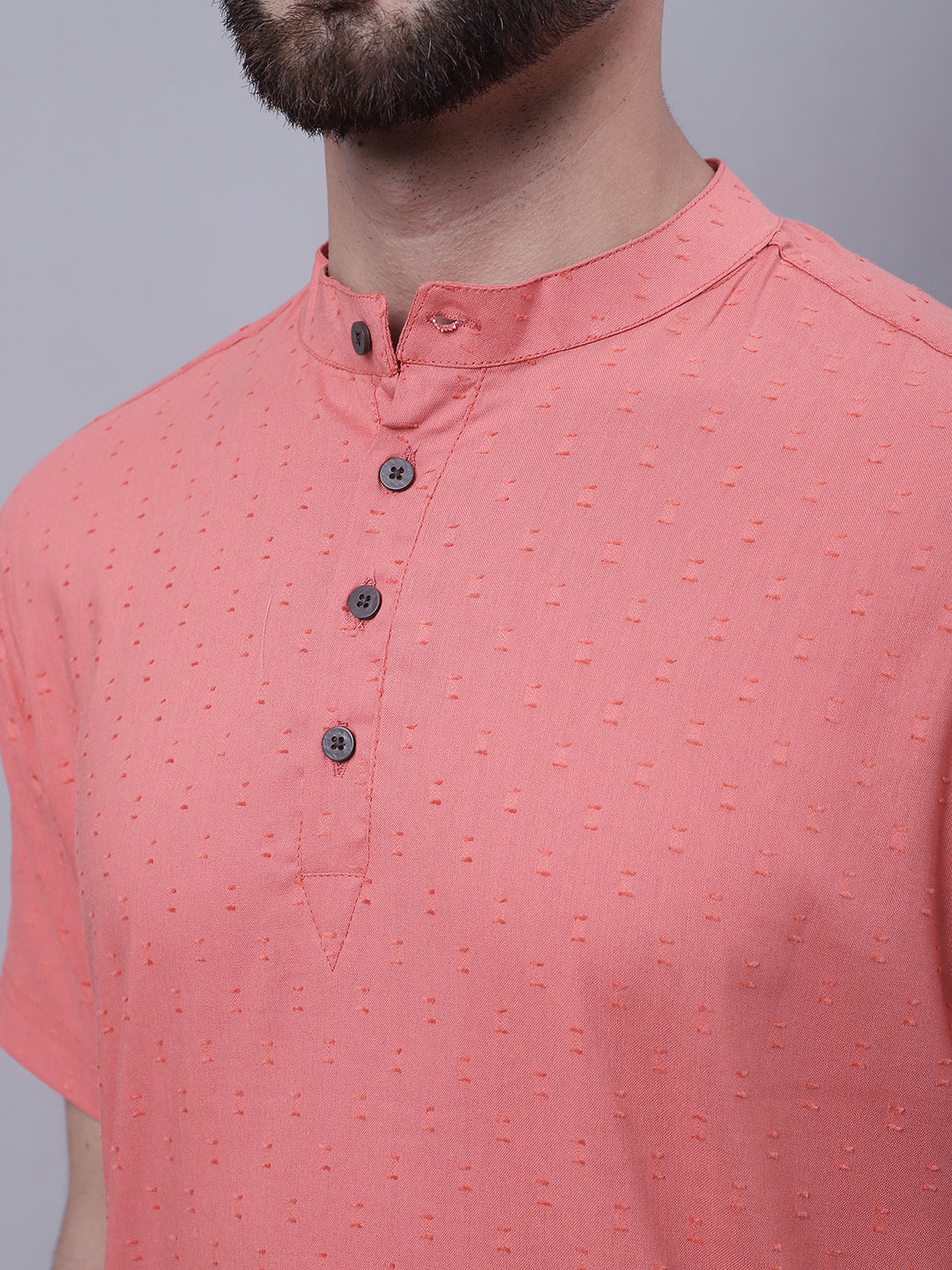 Even Apparels Peach Pure Cotton Short Sleeves Kurta With Band Collar