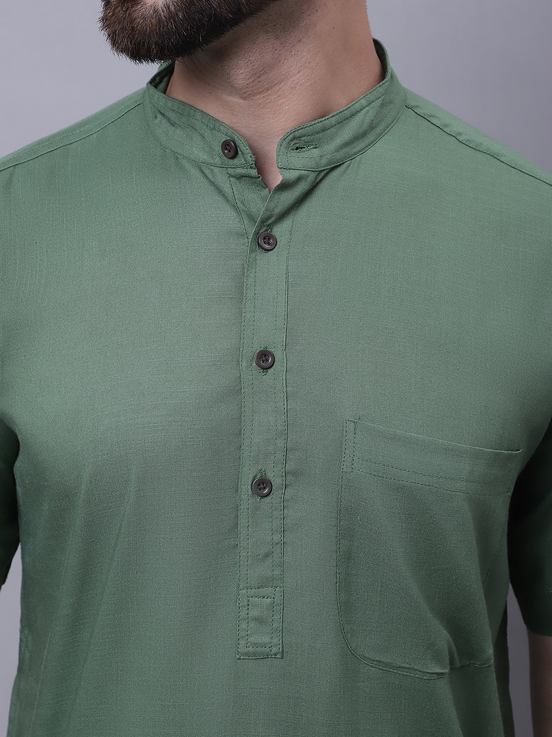 Even Apparels Green Pure Cotton Short Sleeves Kurta With Band Collar