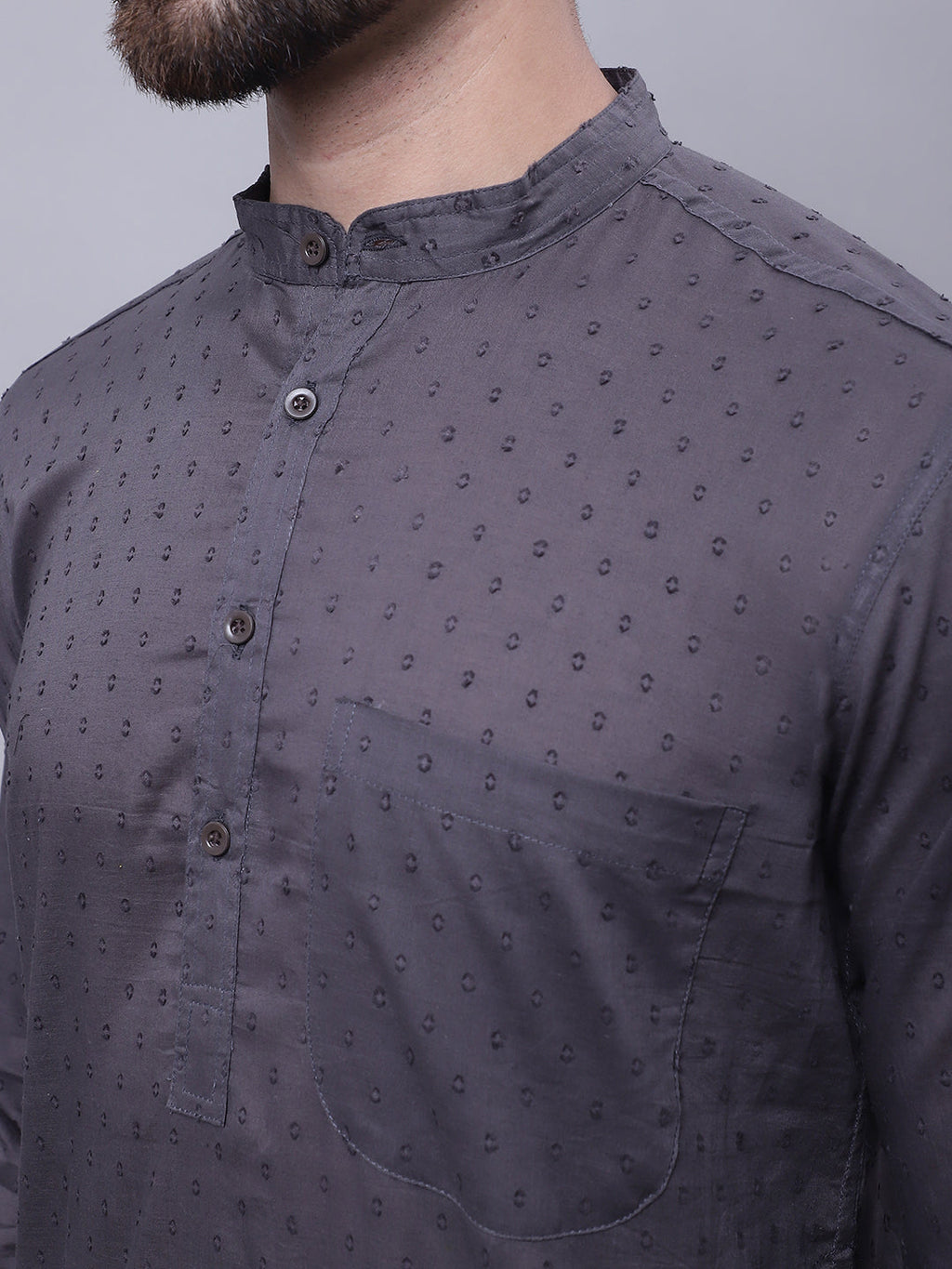 Even Apparels Grey Pure Cotton Kurta With Band Collar