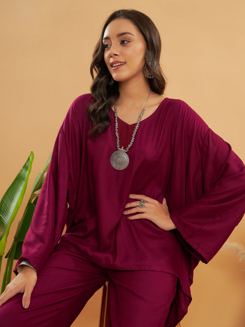 InWeave Women's Jam Wine Solid Boho Full Sleeve Coord Set