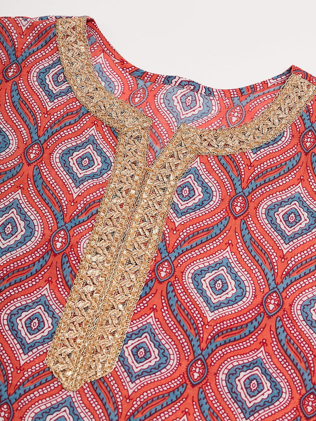 InWeave Women's Red Blue Ogee Print Gota Straight Kurta