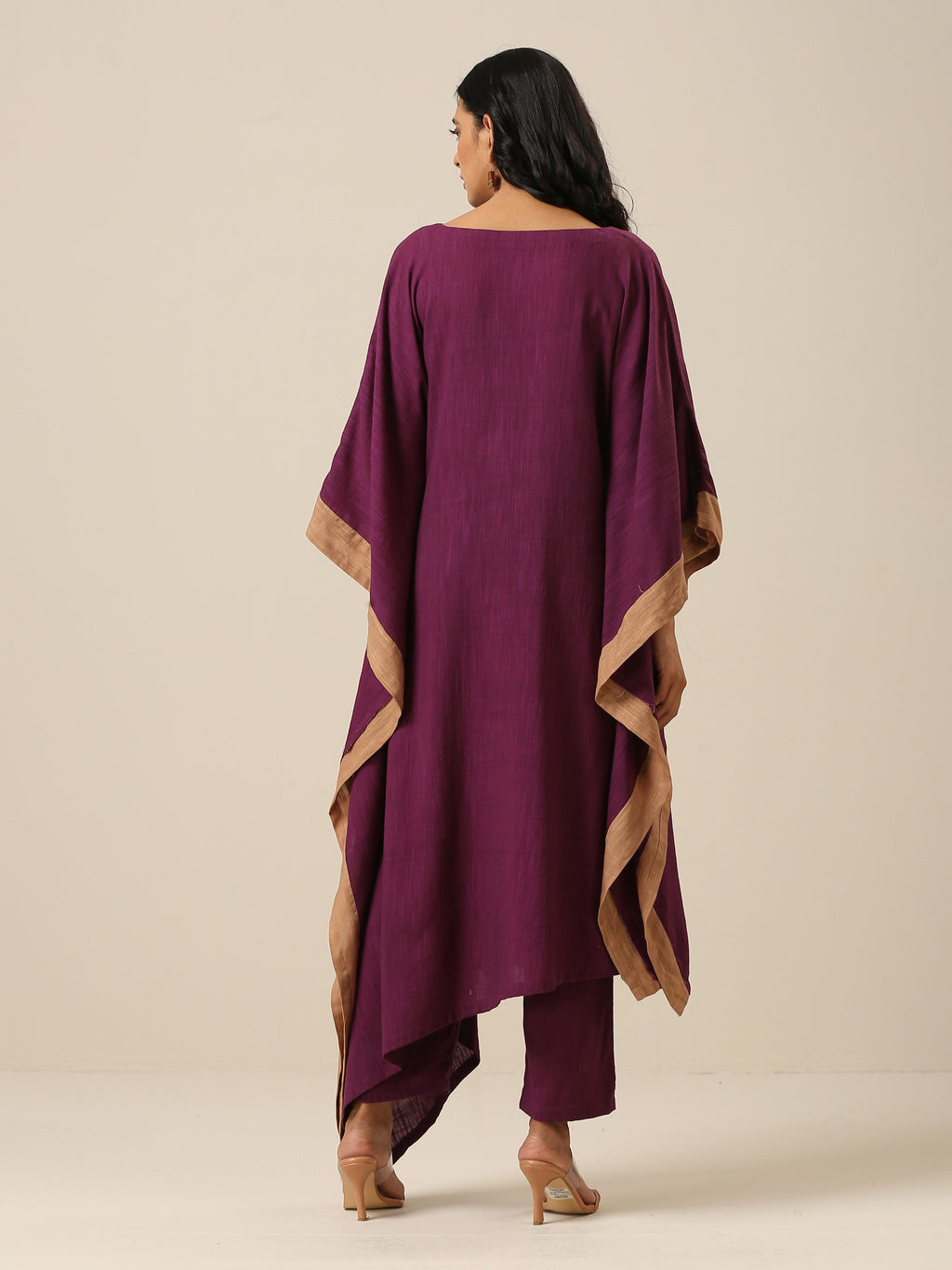 trueBrowns Plum Purple Slub Texture High Low Kaftan Pant Set
