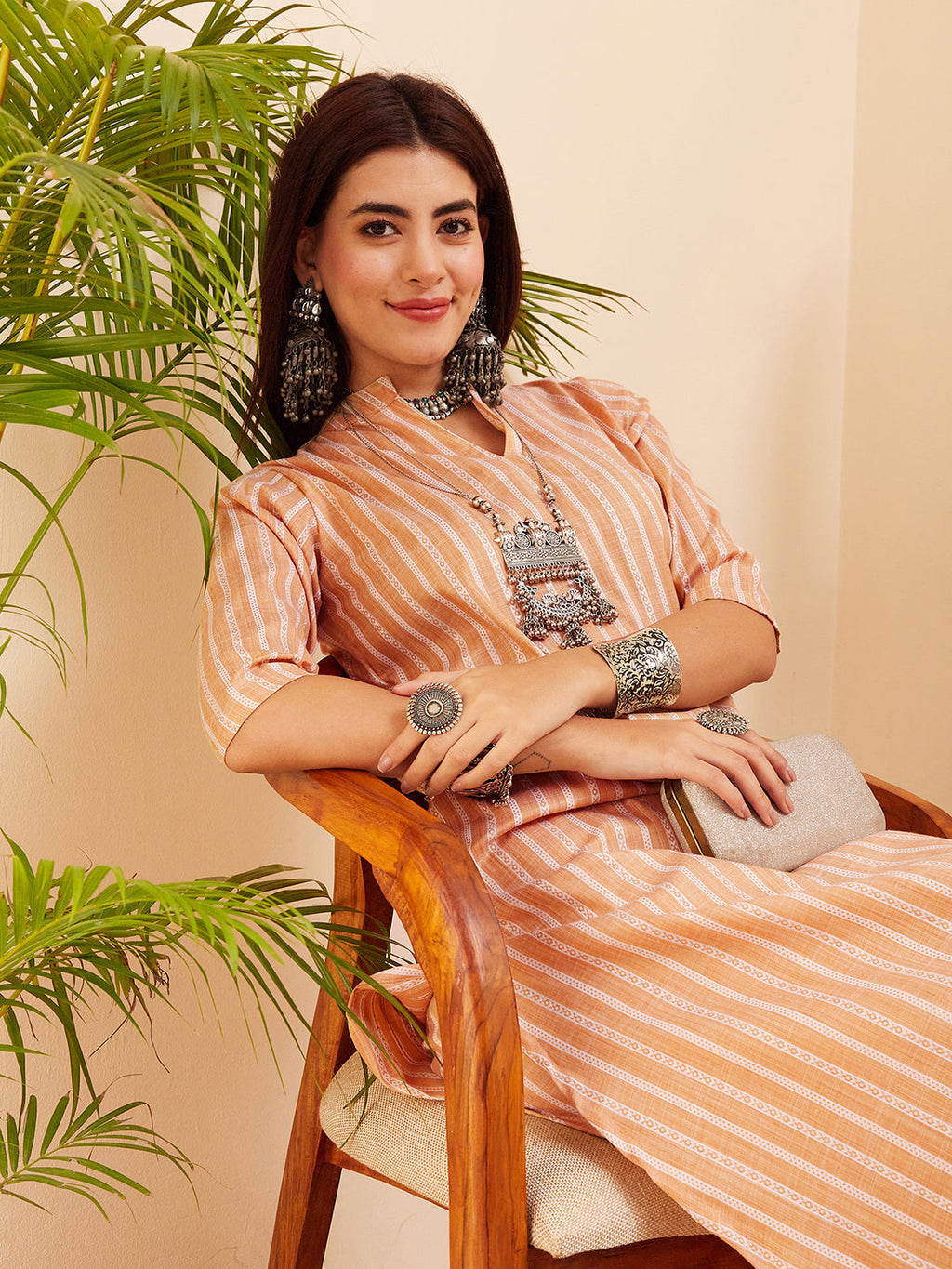 InWeave Women's Light Mustard Lurex Kantha Mandarin Neck Kurta Palazzo Set