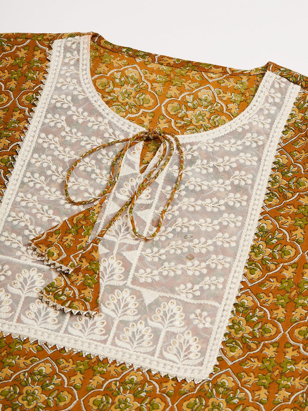 InWeave Women's Olive Ajrakh Print Cotton Patch Work Straight Kurta
