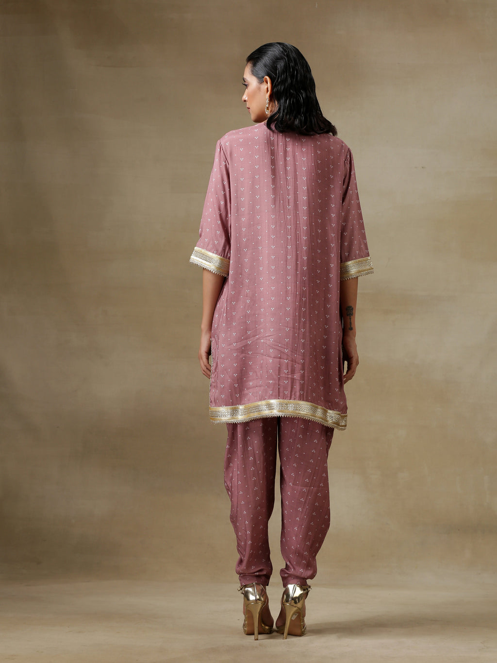 trueBrowns Dark Mauve Bandhani Printed Silk Loose Kurta Dhoti Pant Set