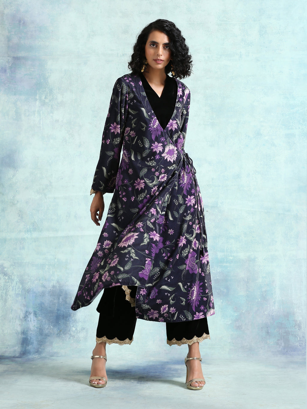 trueBrowns Black Printed Velvet Angrakha Jacket