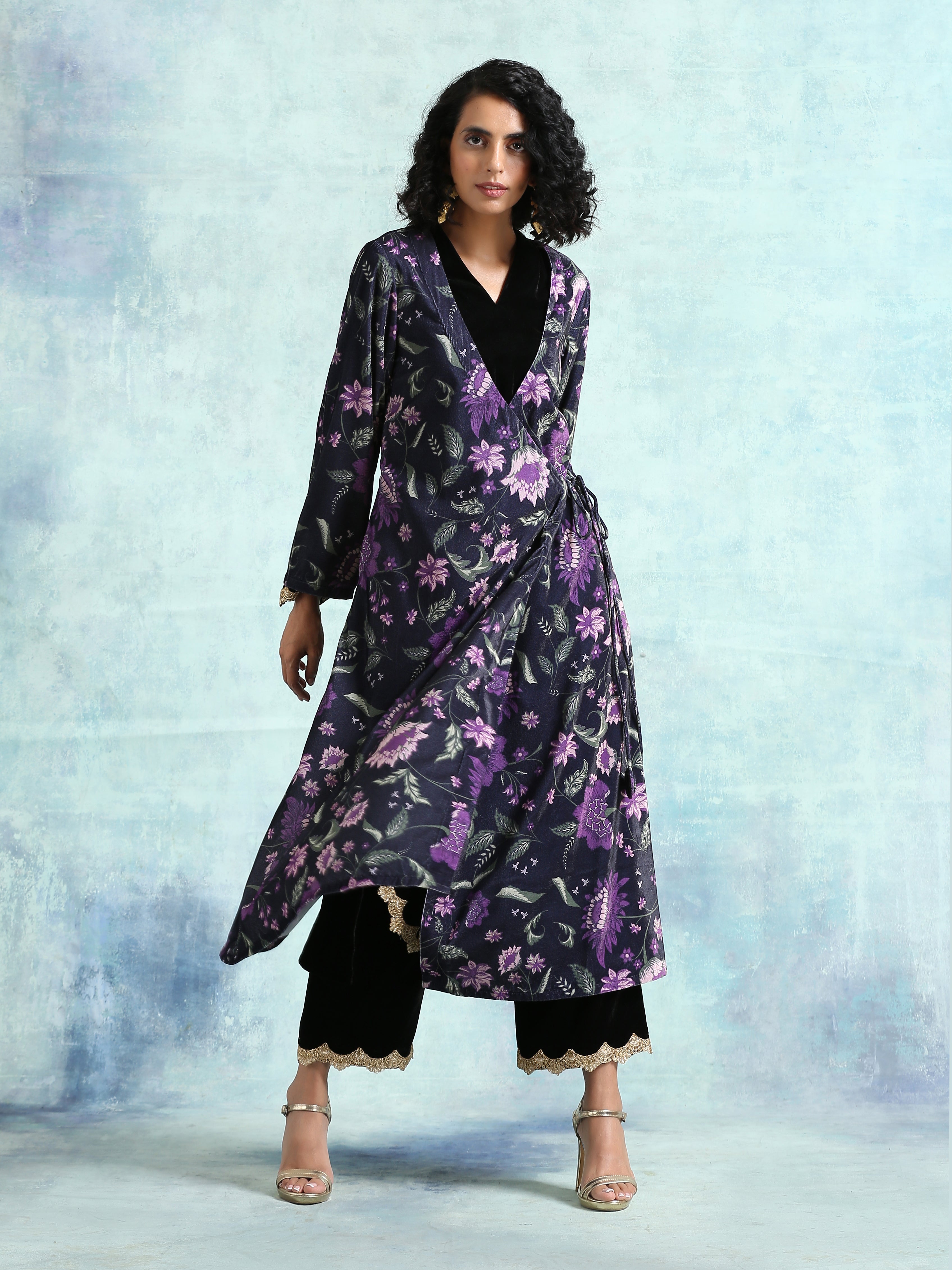 trueBrowns Black Printed Velvet Angrakha Jacket