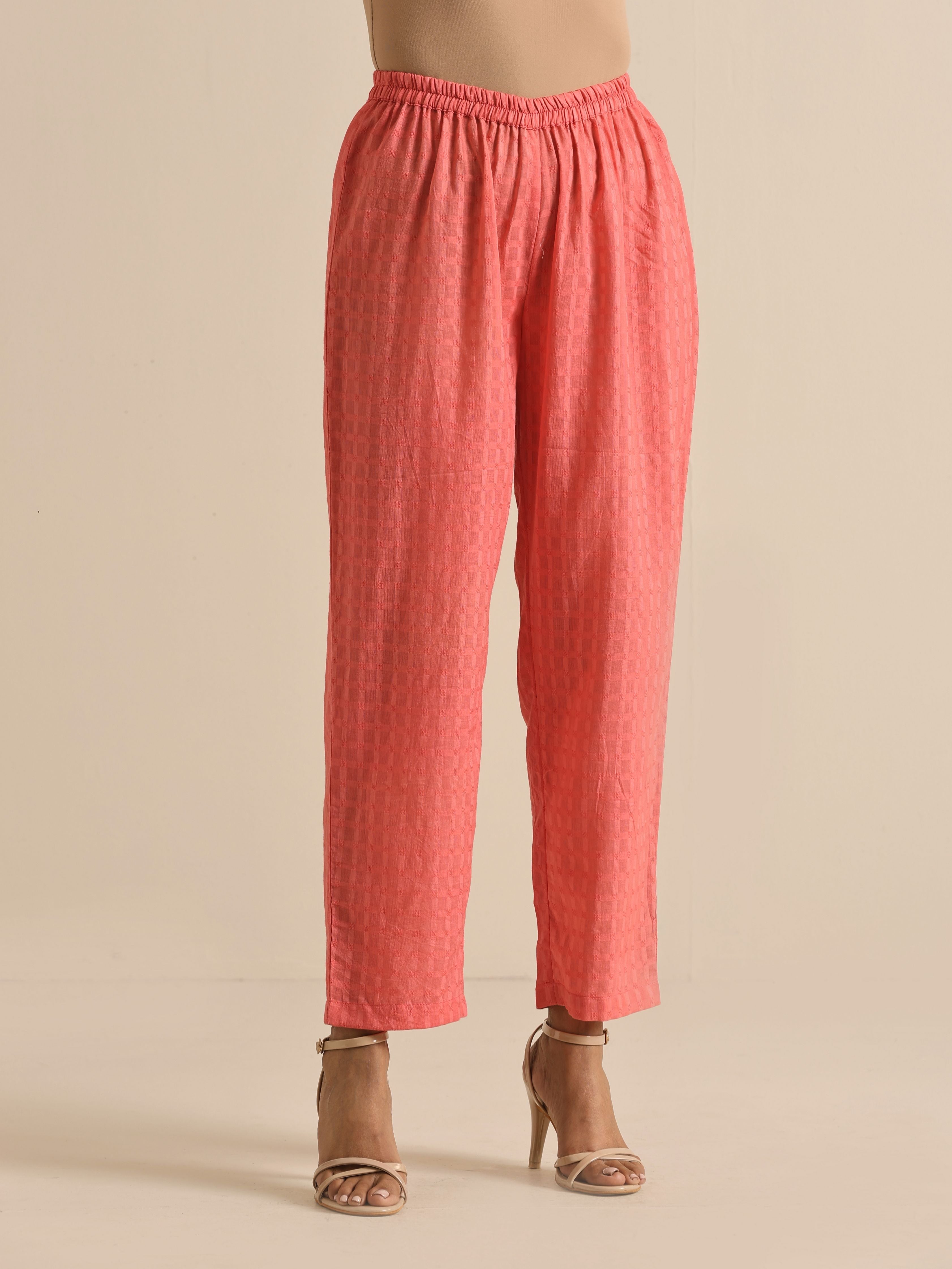 trueBrowns Bright Pink Dobby Angrakha Kurta Pant Set