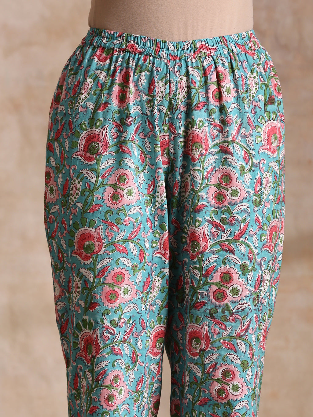 trueBrowns Turkish Blue Overall Floral Block Print Cotton Flared Kurta Pant Set
