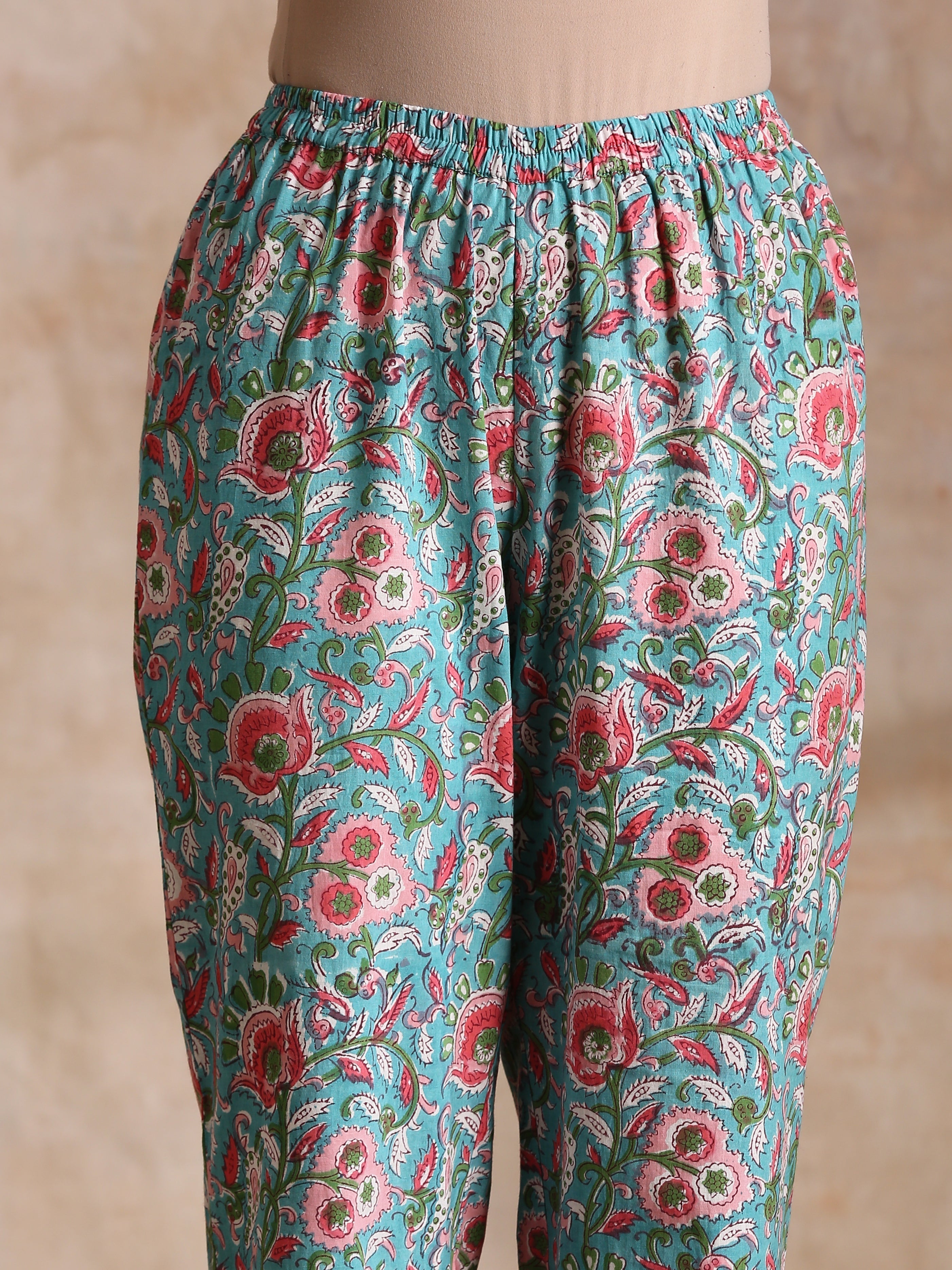 trueBrowns Turkish Blue Overall Floral Block Print Cotton Flared Kurta Pant Set