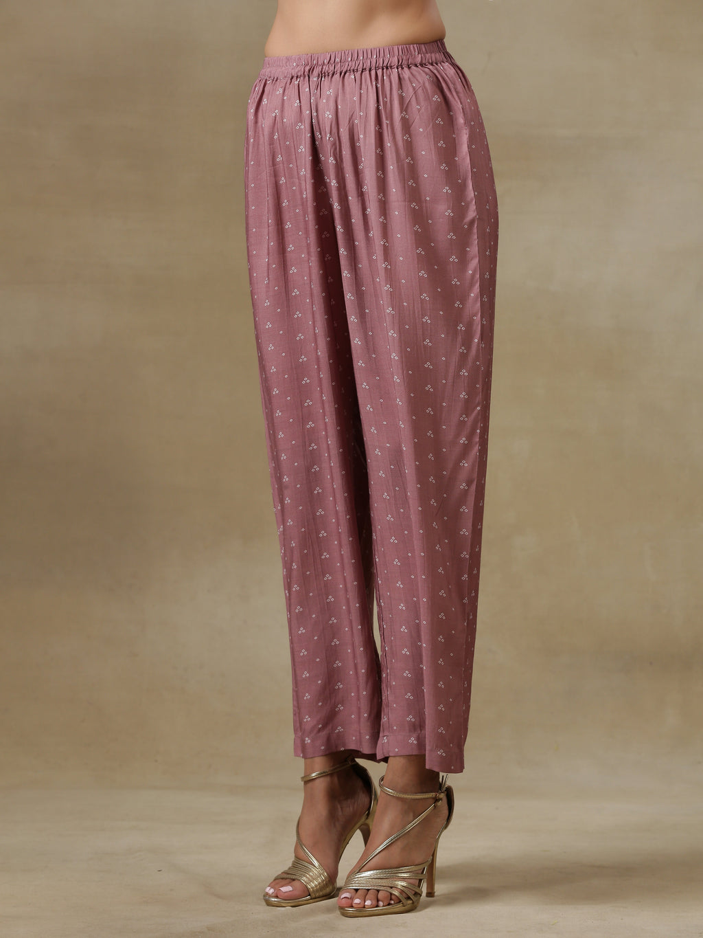 trueBrowns Dark Mauve Bandhani Printed Silk Front Slit Kurta Pant Set