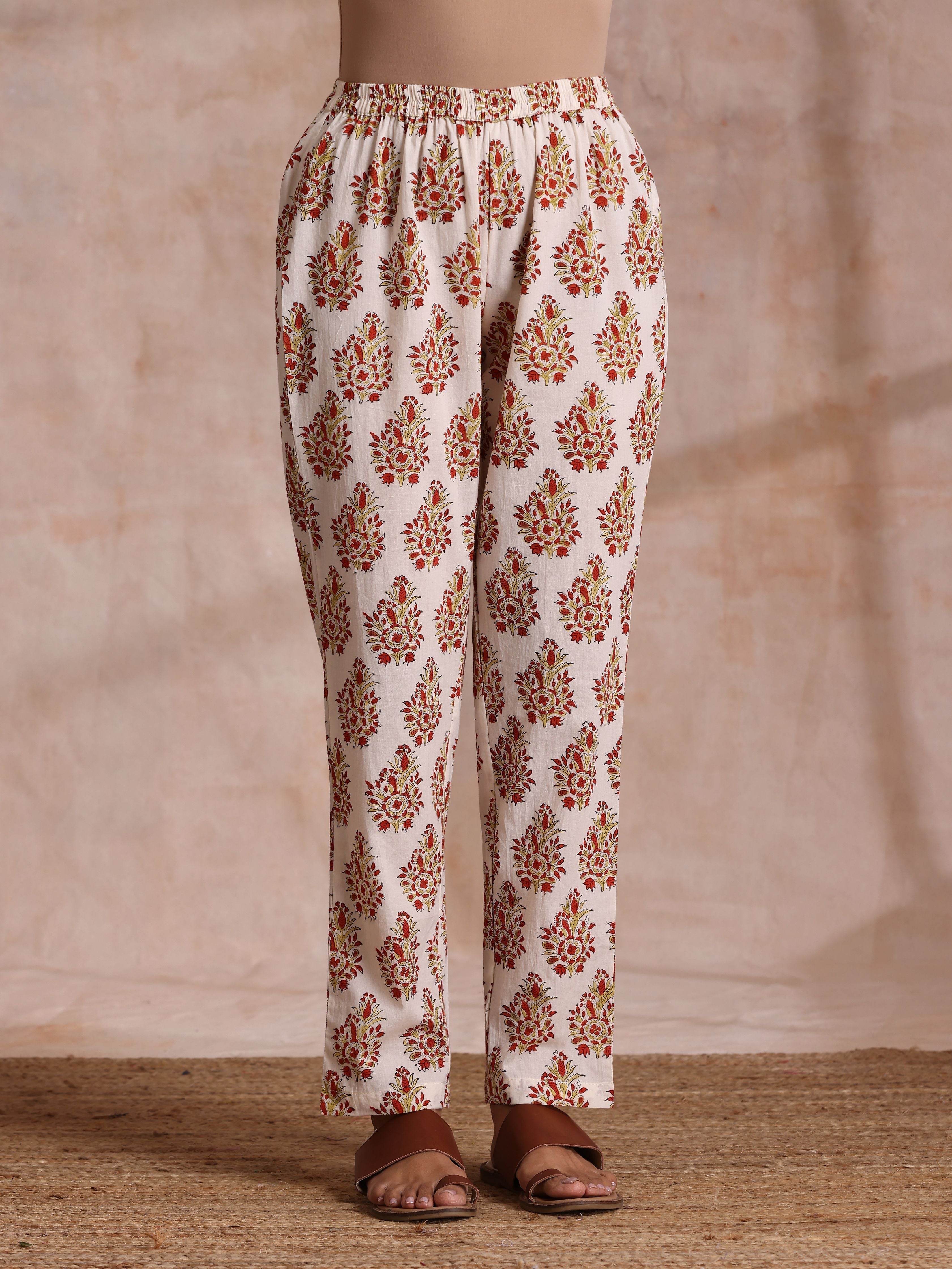 trueBrowns White With Red Yellow Buta Block Print Cotton Kurta Pant Dupatta Set