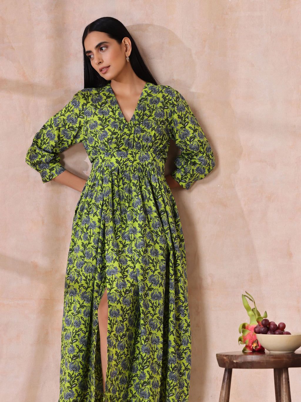 trueBrowns Lime Green Overall Blue Floral Block Print Cotton Wrap Dress