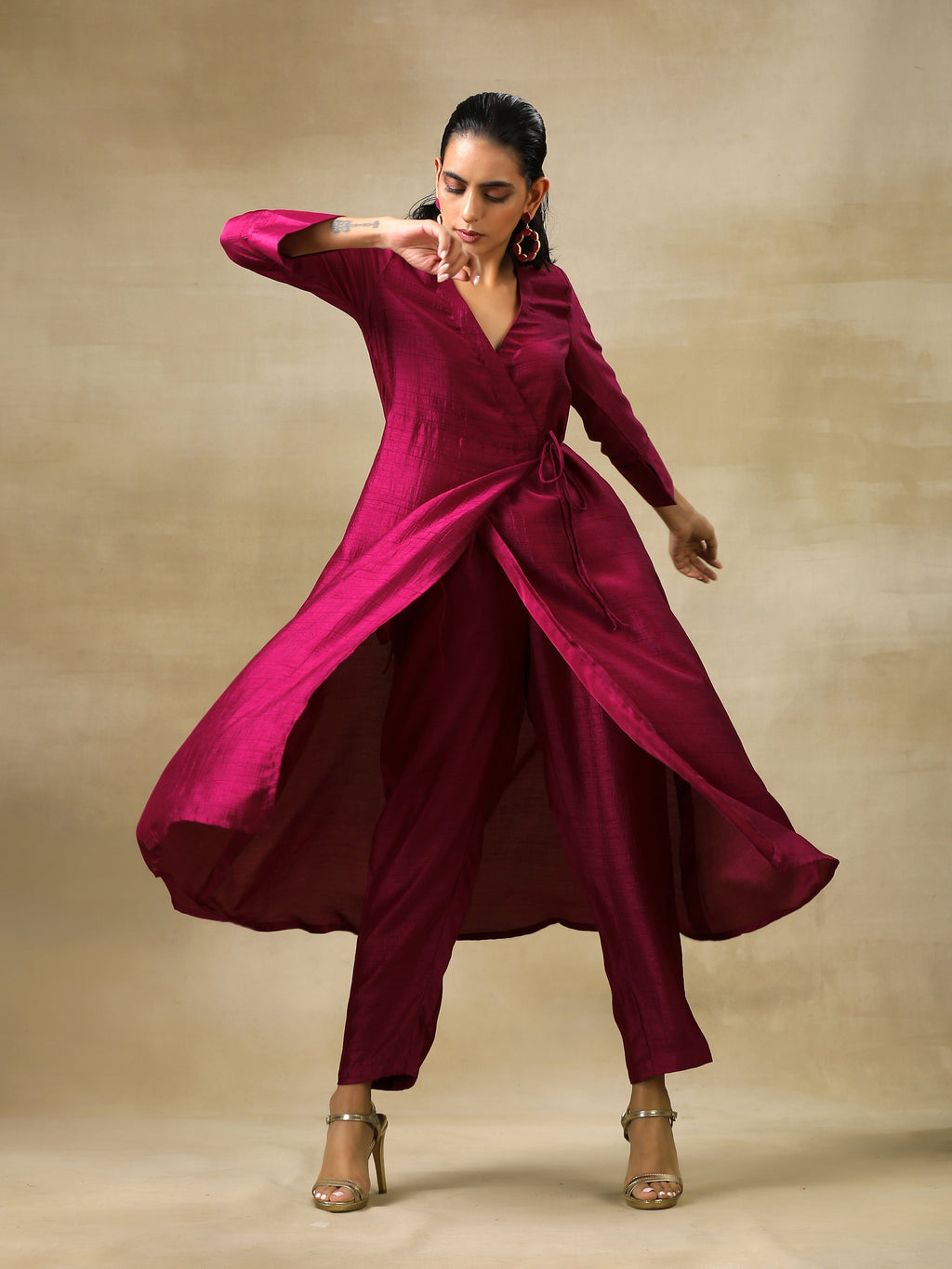 trueBrowns Purple Textured Silk Angrakha Kurta Pant Set