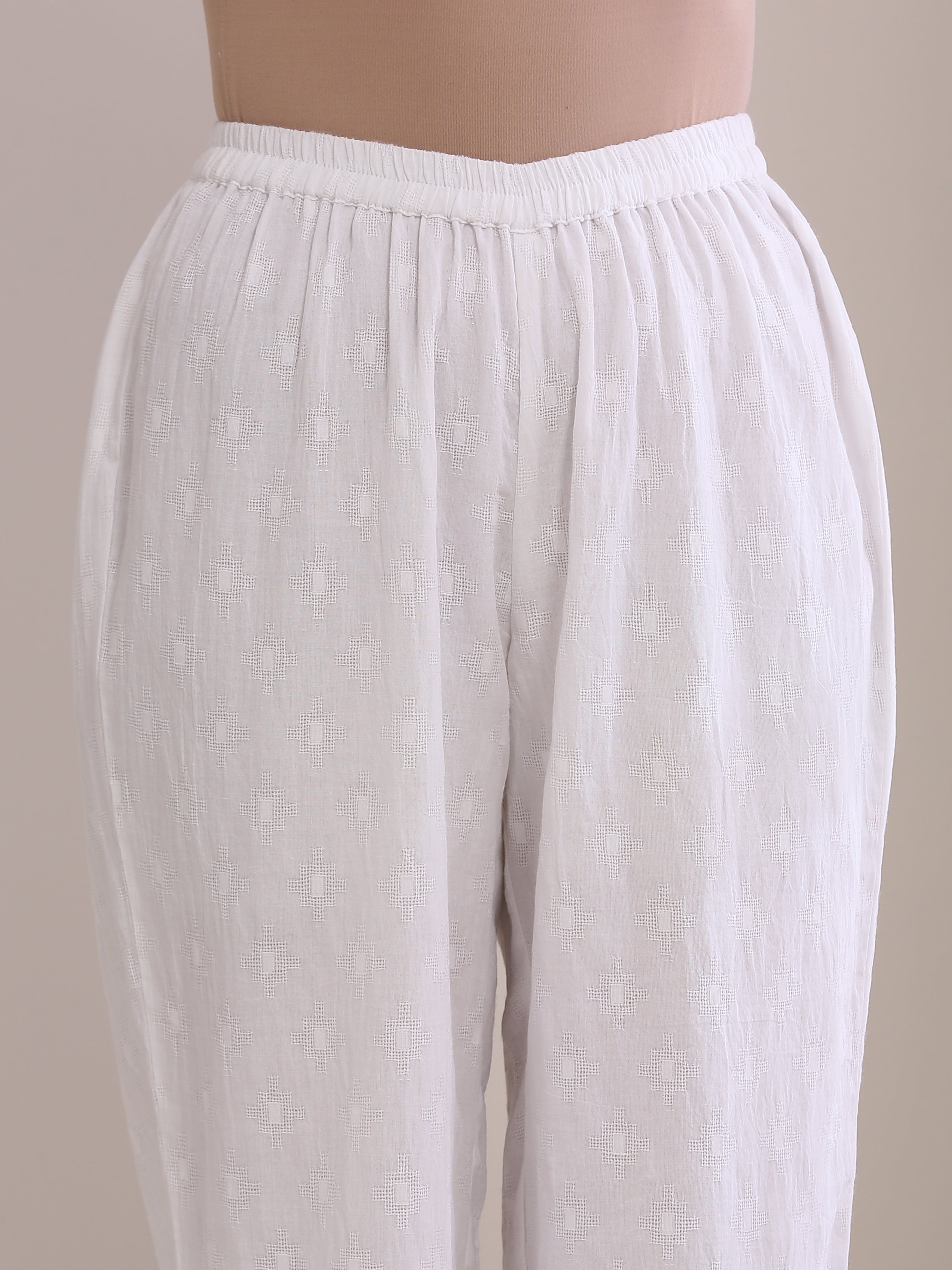 trueBrowns White Dobby High Slit Gathered Kurta Set