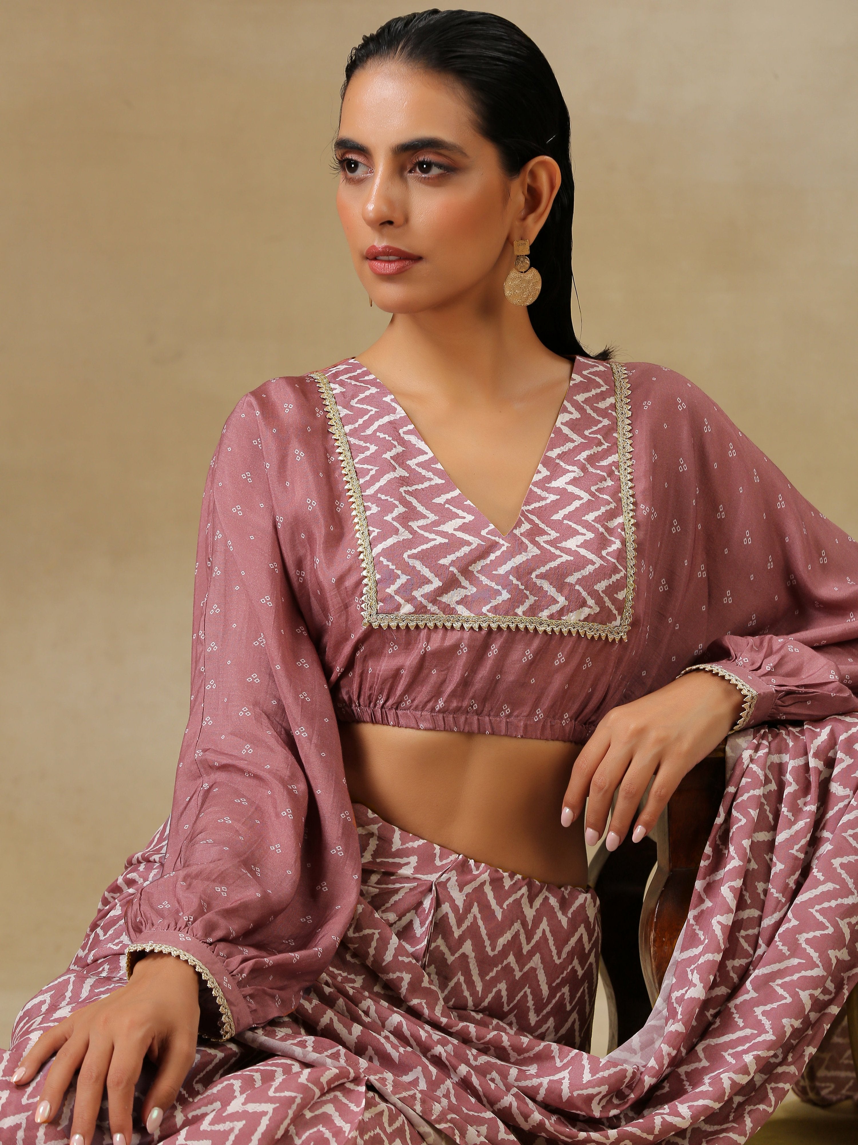 trueBrowns Dark Mauve Bandhani Printed SilkReady to Wear Saree