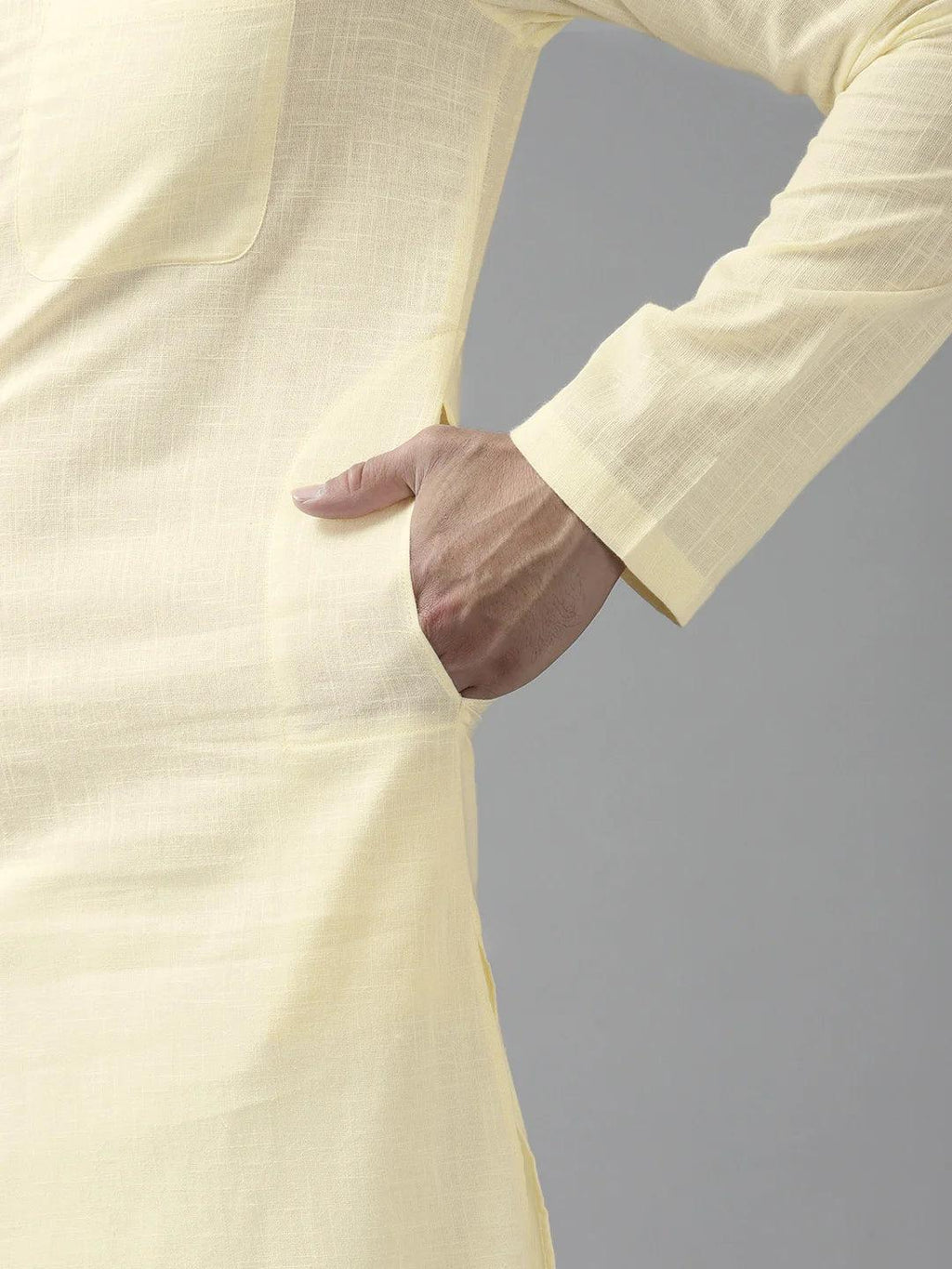 Fabmade Men Cream Cotton Linen Kurta Pyjama