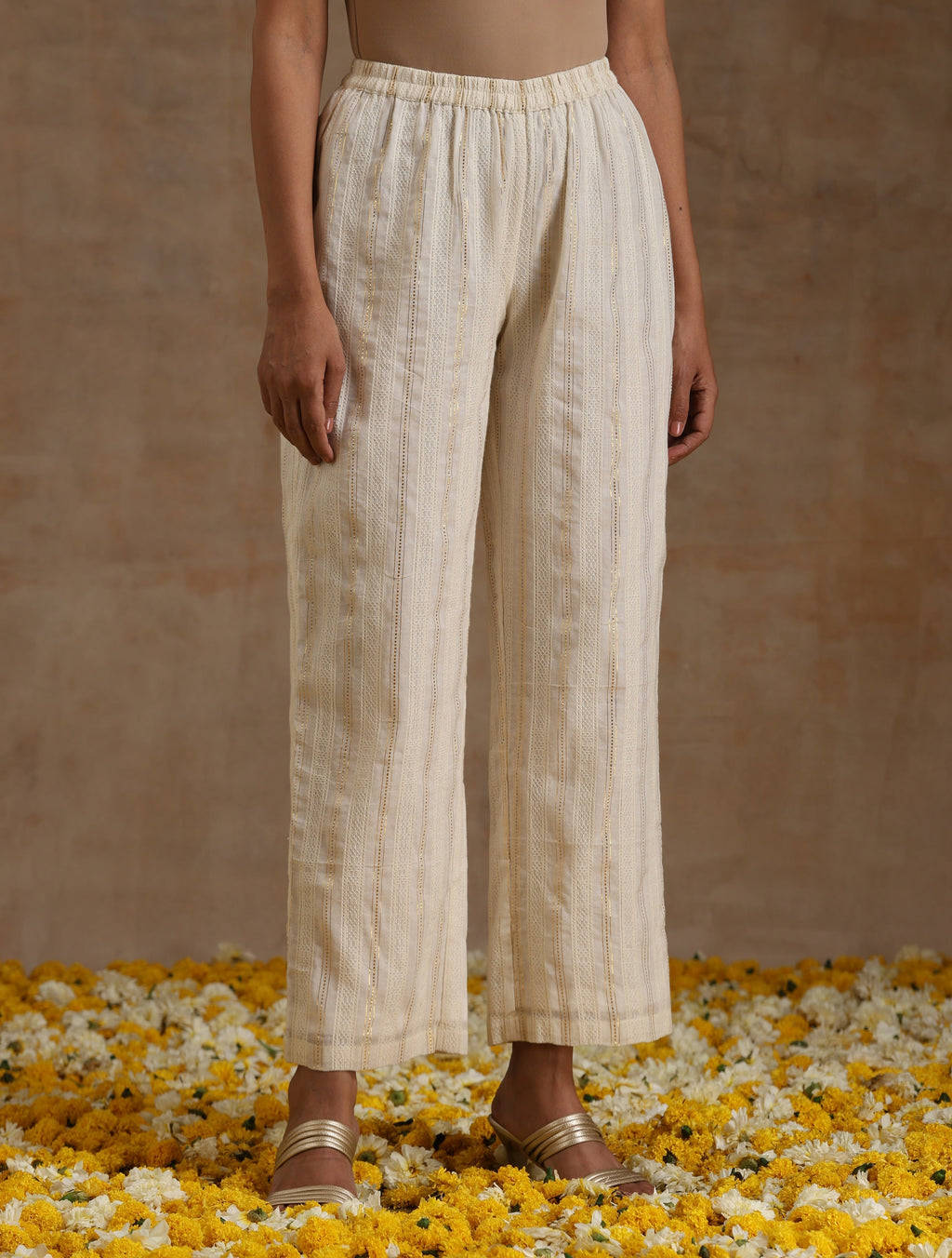 trueBrowns Ivory Gold Cotton Kalidar Kurta Set