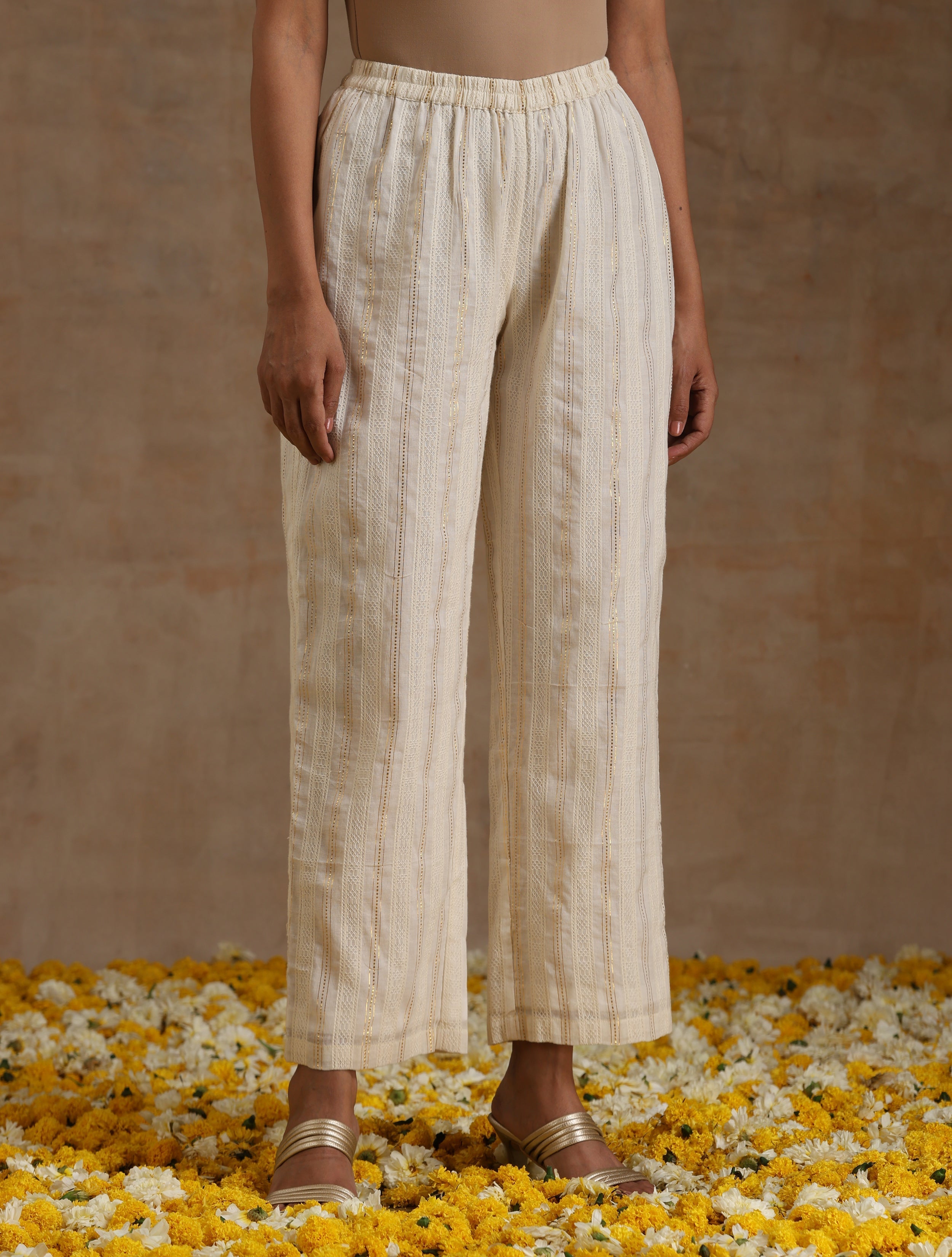 trueBrowns Ivory Gold Cotton Kalidar Kurta Set