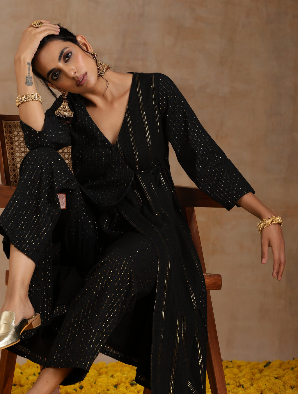 trueBrowns Black Gold Cotton Angrakha Kurta Set