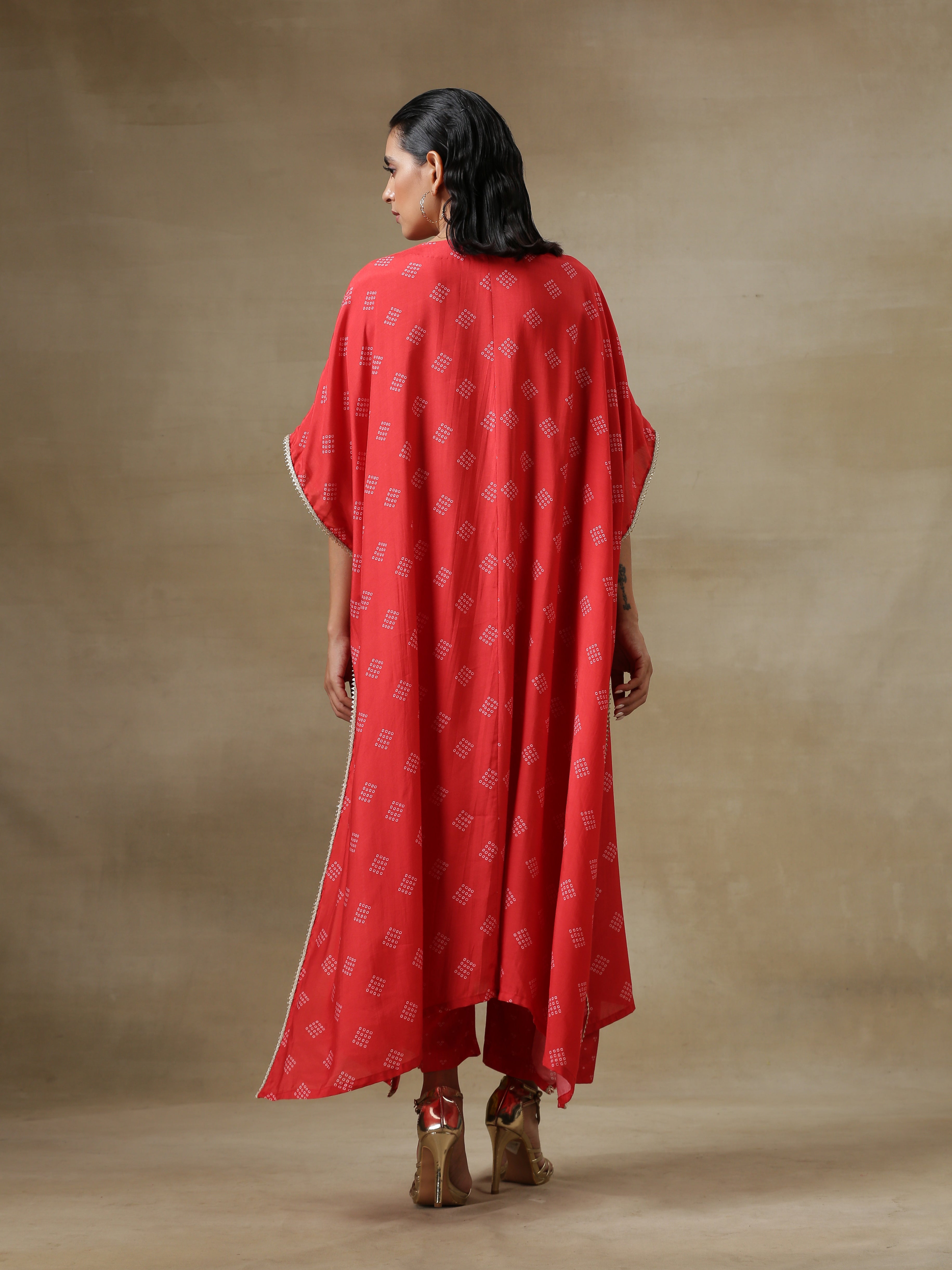 trueBrowns Red Bandhani Printed Silk Panel Kaftan Kurta Pant Set