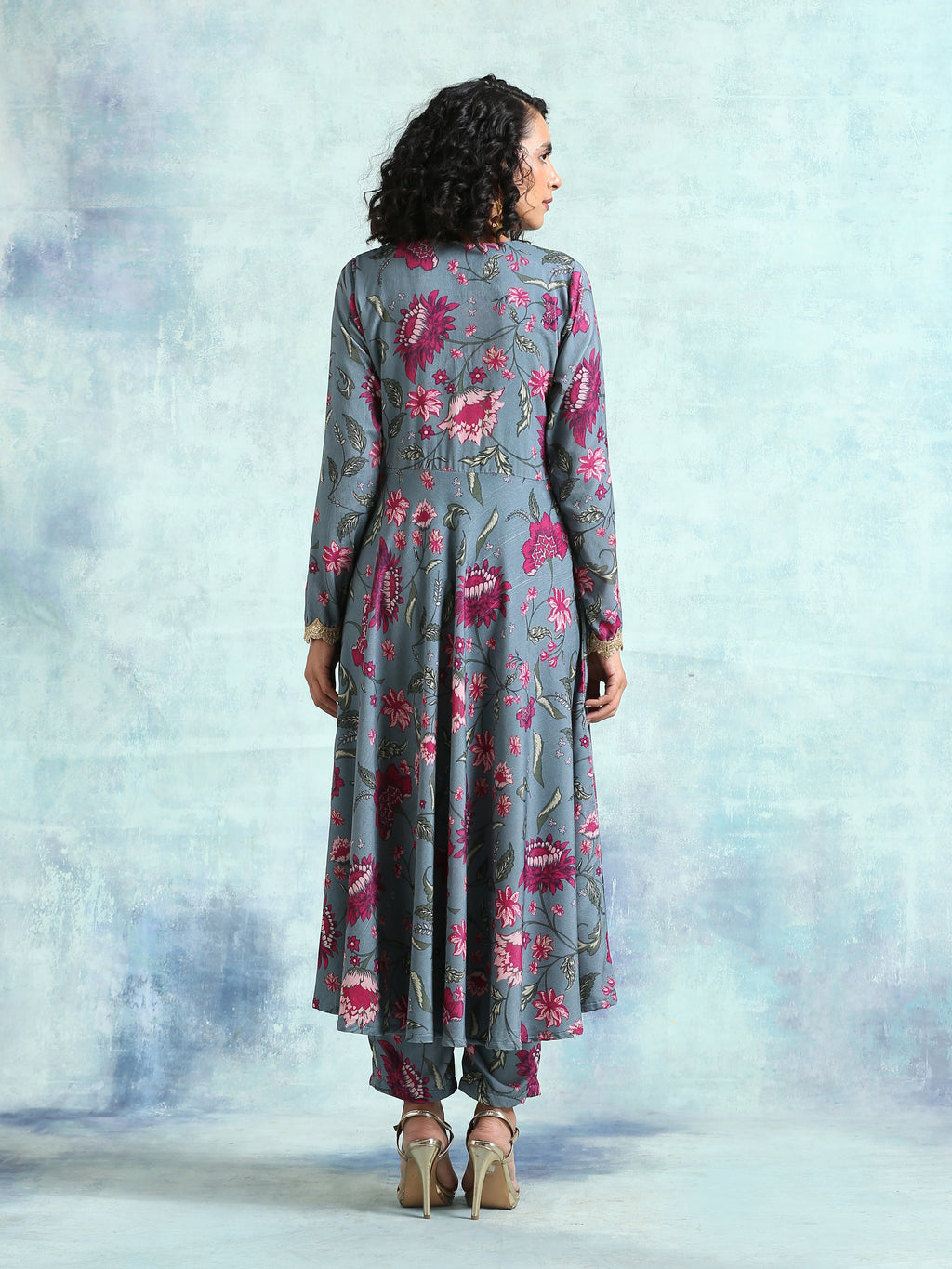trueBrowns Grey Printed Velvet Anarkali Kurta
