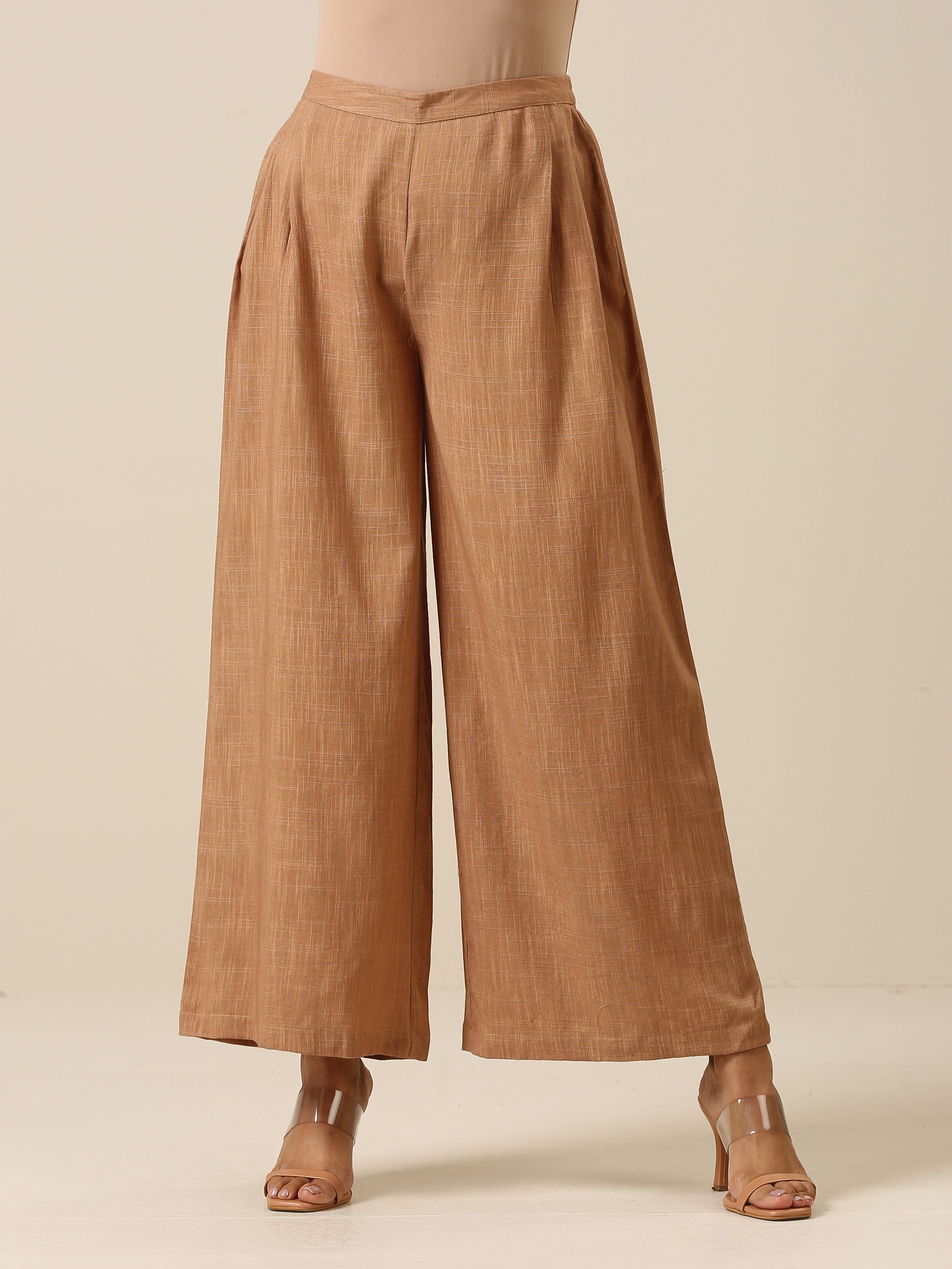 trueBrowns Beige Slub Texture Sleevesless Jacket Pant Set