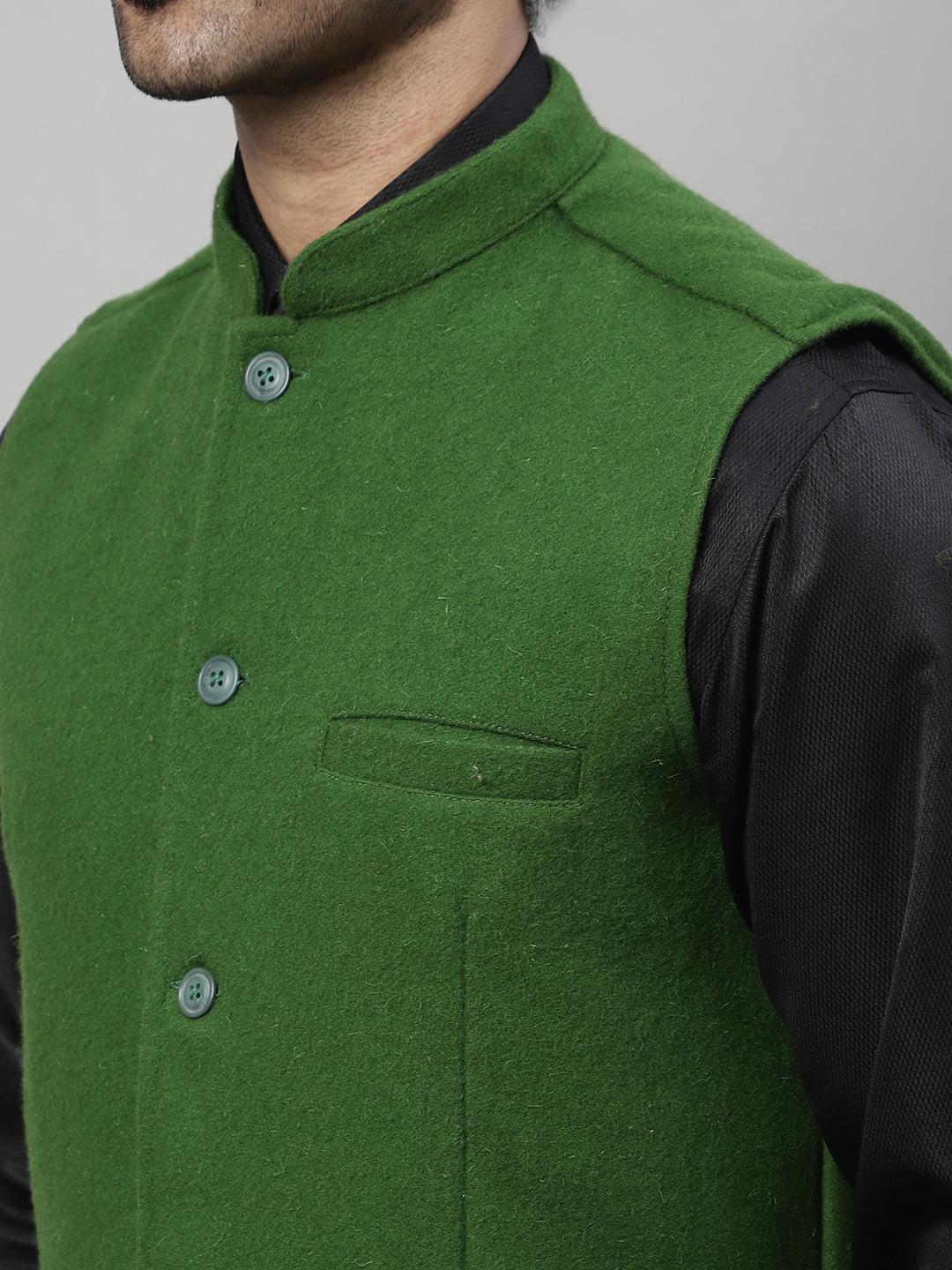 Even Apparels Men's Green Pure Wool Nehru Jacket