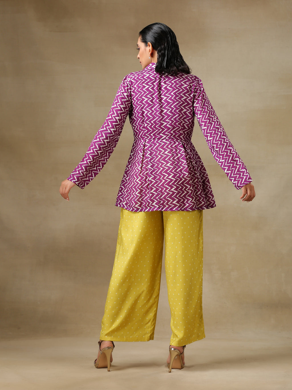 trueBrowns Lime Green Bandhani Printed Silk Top Pant with Purple Printed Jacket Set
