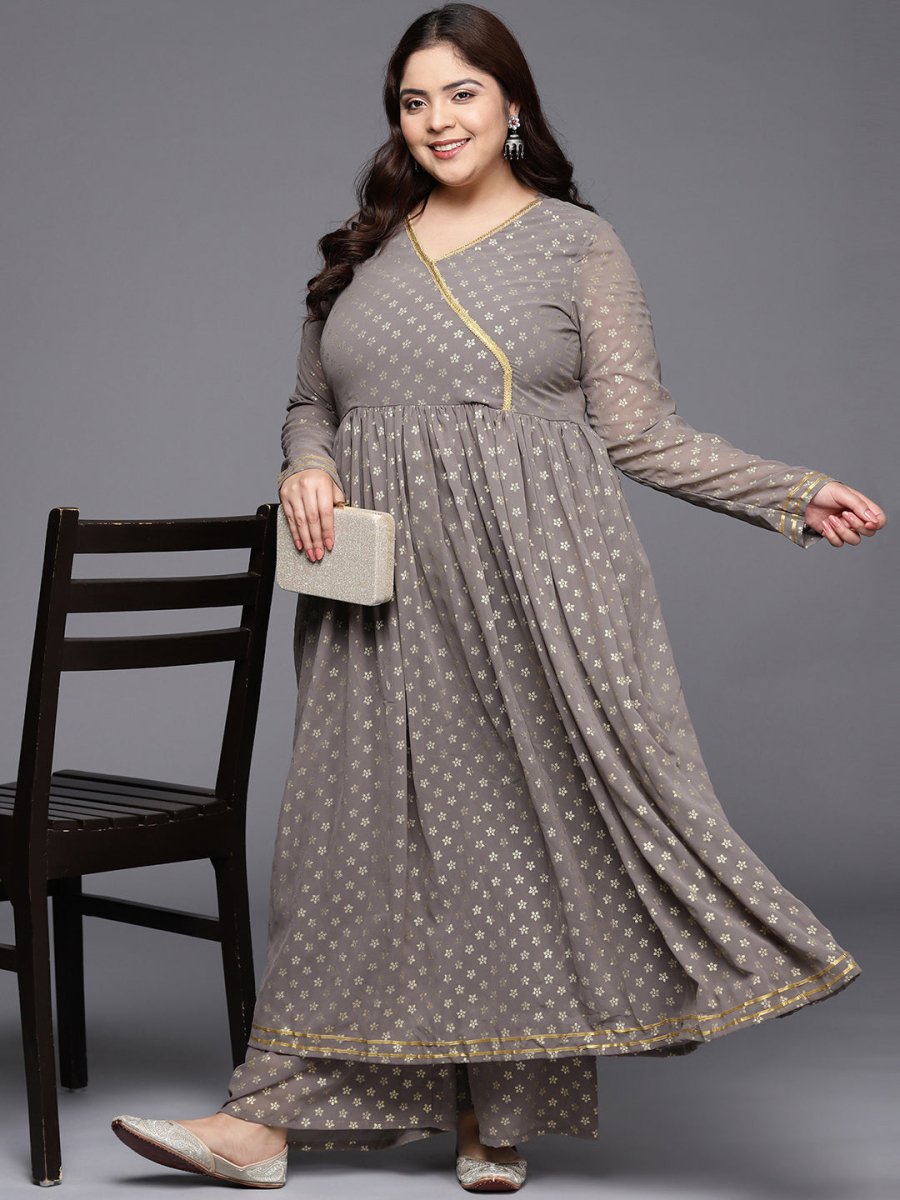 Ahalyaa Plus Size Floral Printed Zari Angrakha Kurta with Palazzos