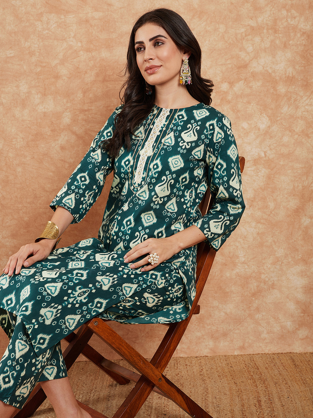 InWeave Women's Peacock Blue Ikkat Print Gota Work Straight Kurta Pant Set