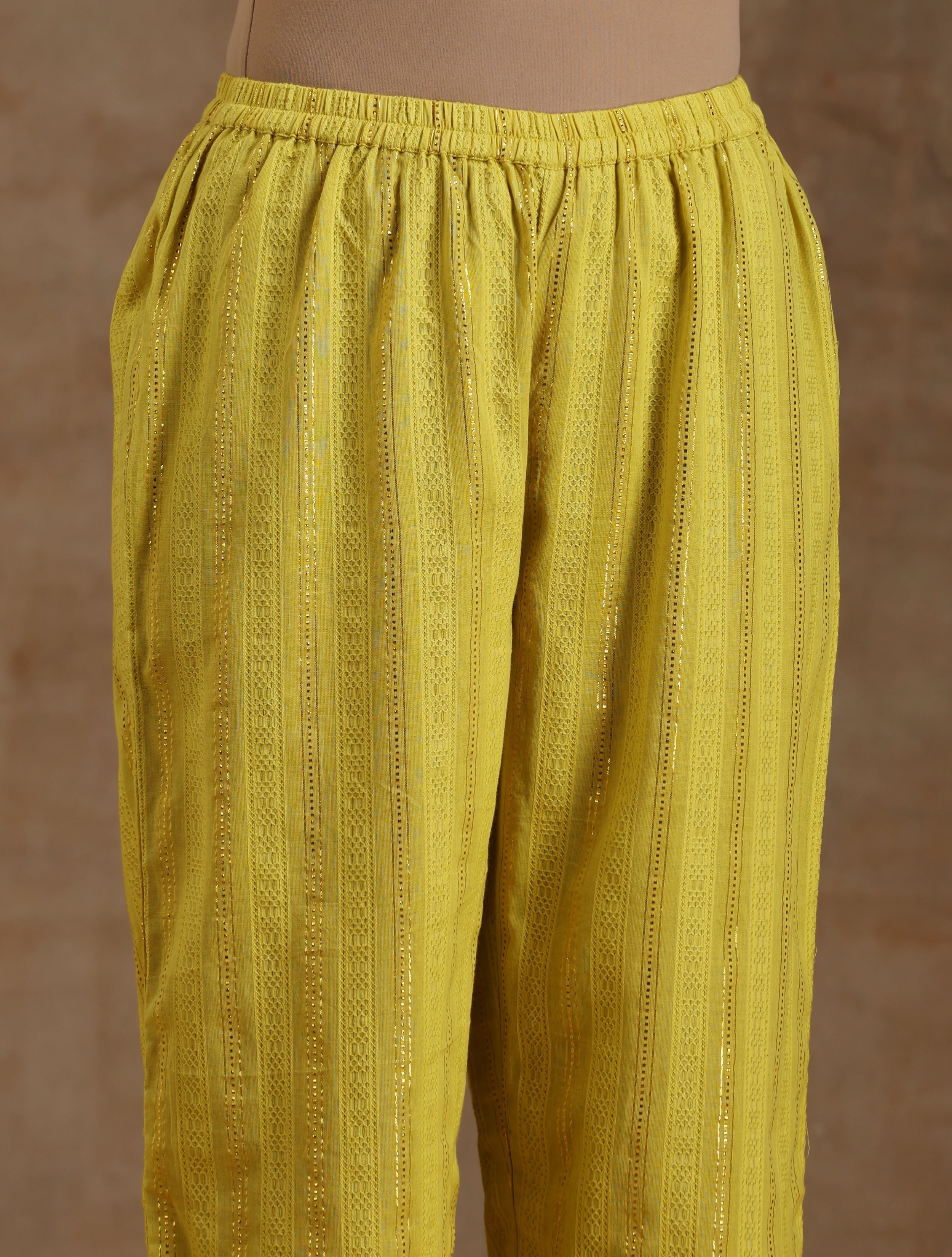 trueBrowns Lime Gold Cotton Relax High Slit Kurta Set