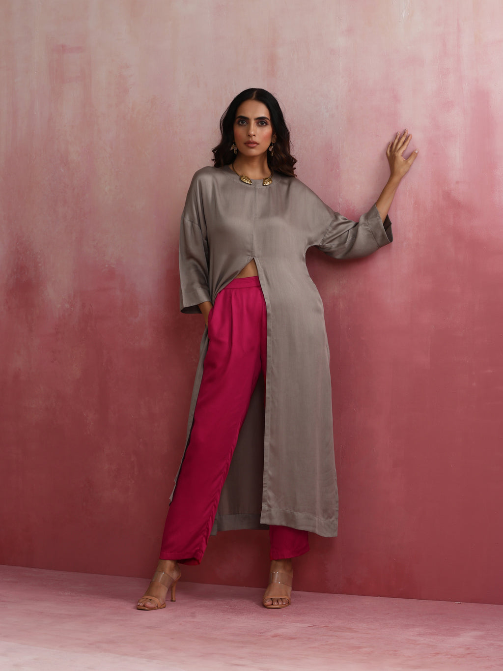 trueBrowns Grey High Slit Modal Kurta Set