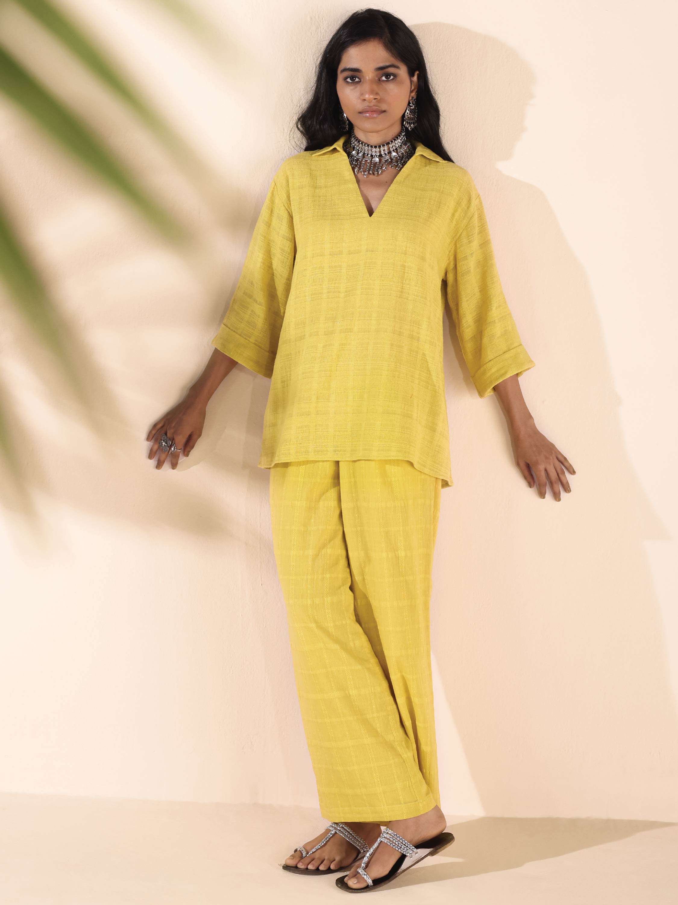 trueBrowns Lime Cotton Dobby V-Neck Co-ord Set