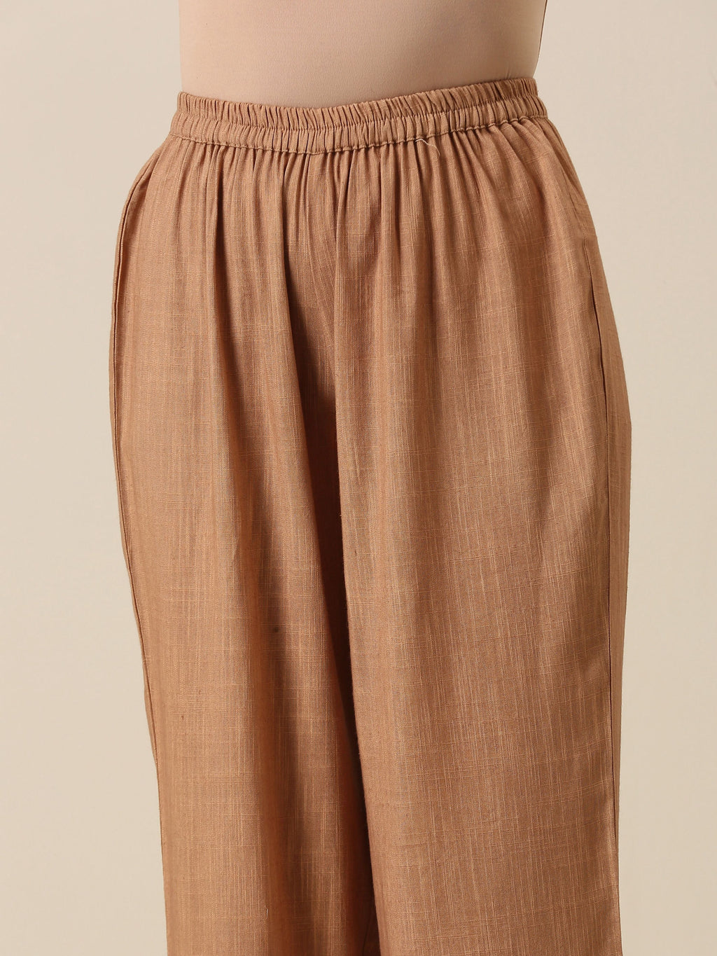 trueBrowns Beige Slub Texture Sleeveless Flared Kurta Pant Set