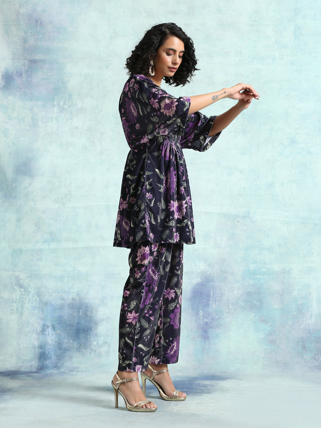 trueBrowns Black Printed Velvet Co-Ord Set