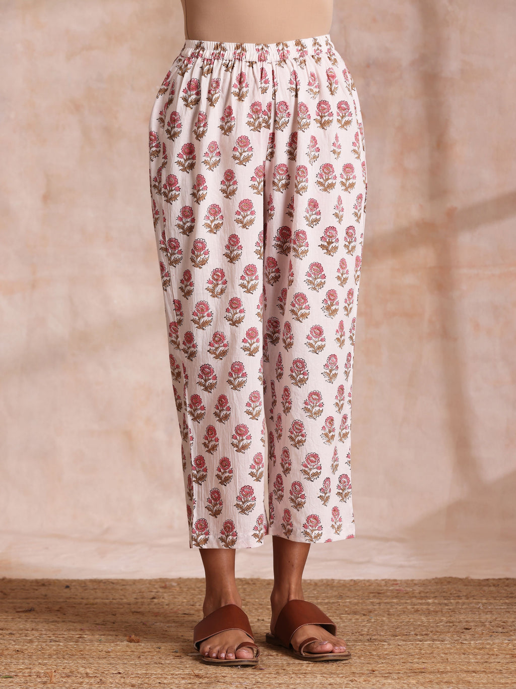 trueBrowns Pink Brown Buta On White Block Print Cotton Baggy Sleeve Co-Ord Set
