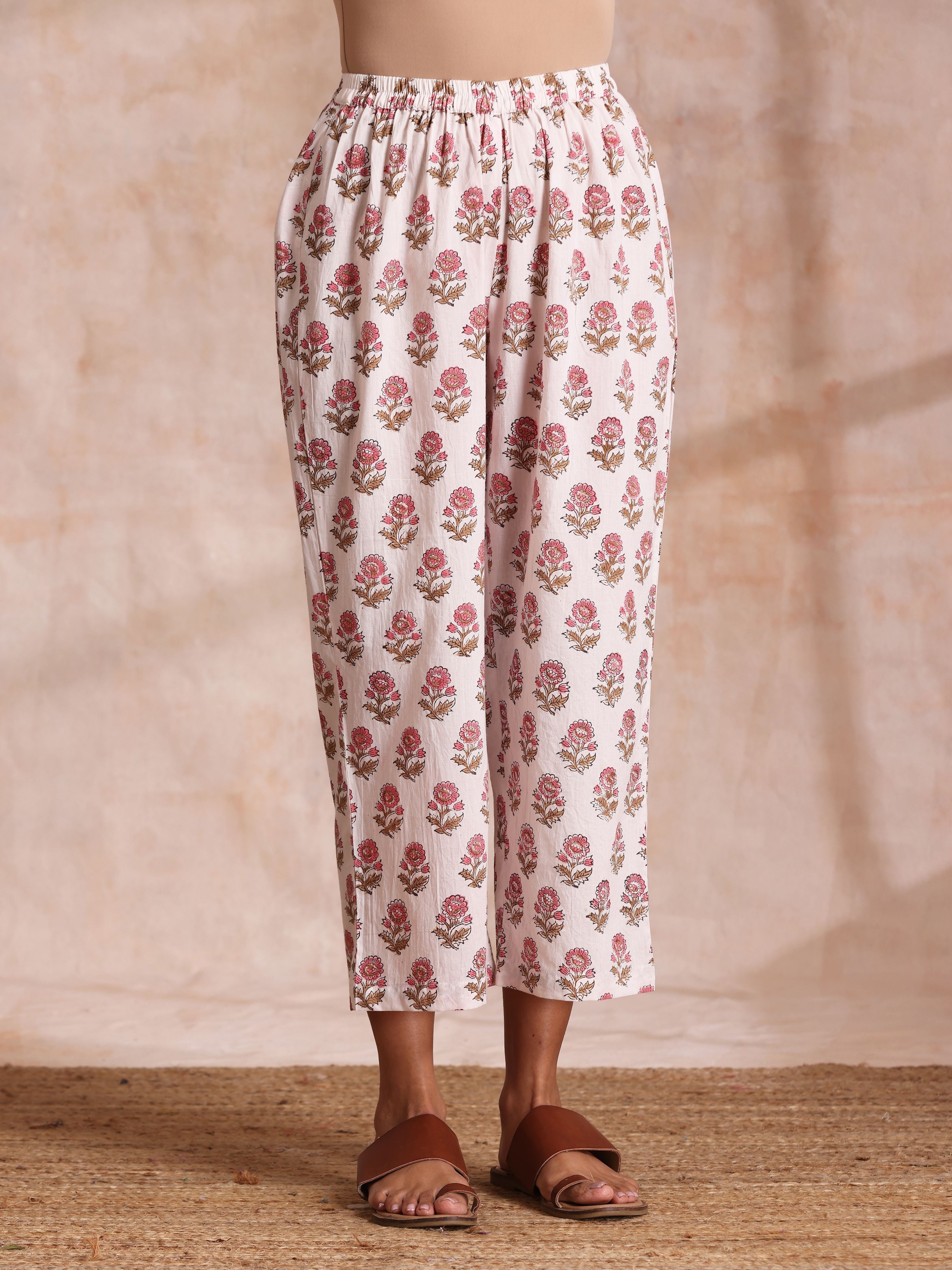 trueBrowns Pink Brown Buta On White Block Print Cotton Baggy Sleeve Co-Ord Set