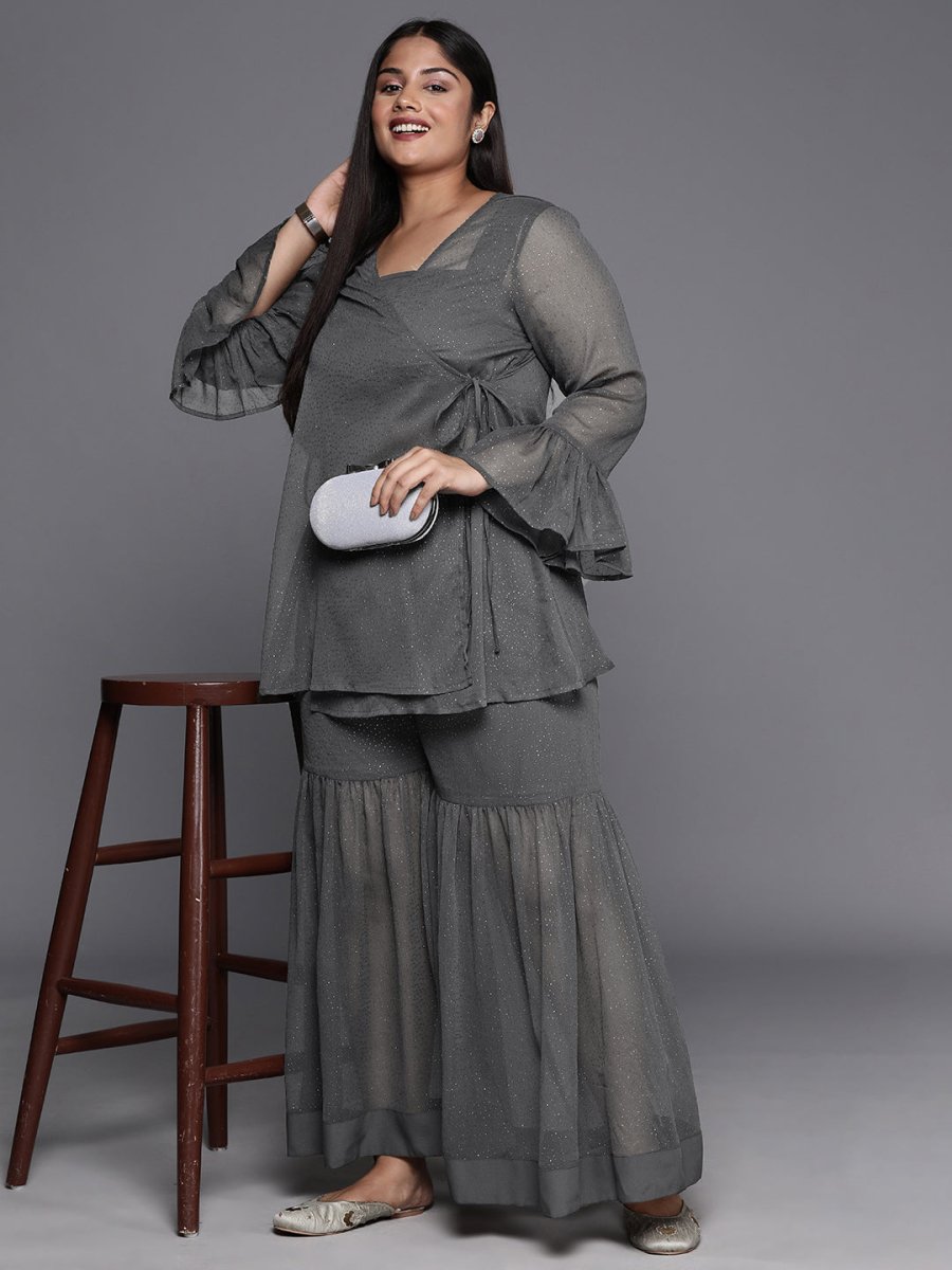 Ahalyaa Plus Size Ethnic Printed Chiffon Wrap Tunic with Sharara