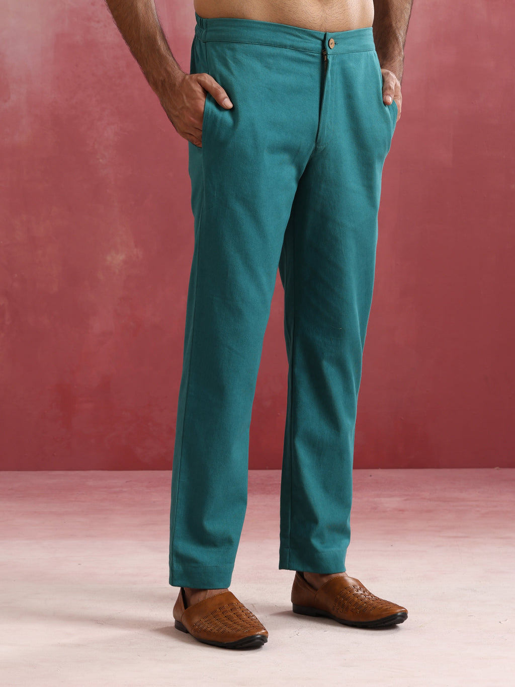 trueBrowns Men's Teal Cotton Shirt Collar Stylized Kurta Co-ord set