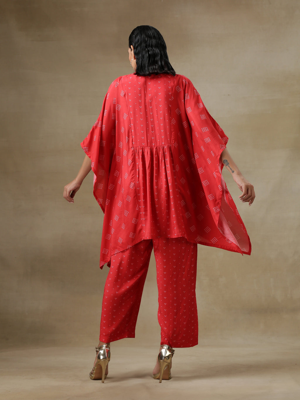 trueBrowns Red Bandhani Printed Silk Kaftan Gathered Co-Ord Set